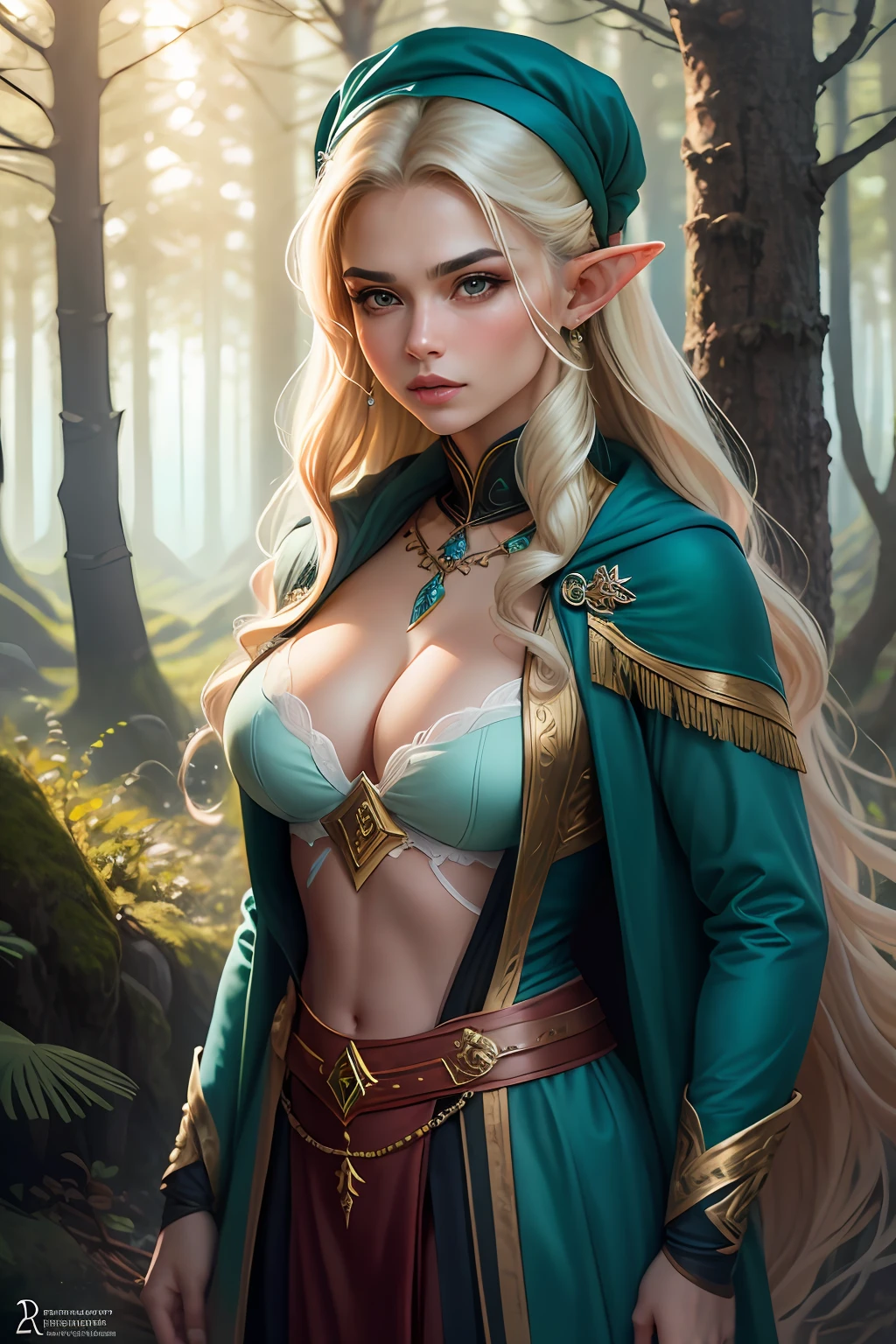 stunningly beautiful Alina Kabaeva face whit Lisa Ann body in her 20 as a mystical, beautiful strong female elf, golden long straight hair, long coat of branches, magical crystal turquoise forest, The Noldor, octane render, hyper realistic, –AR 2:3 –q 2