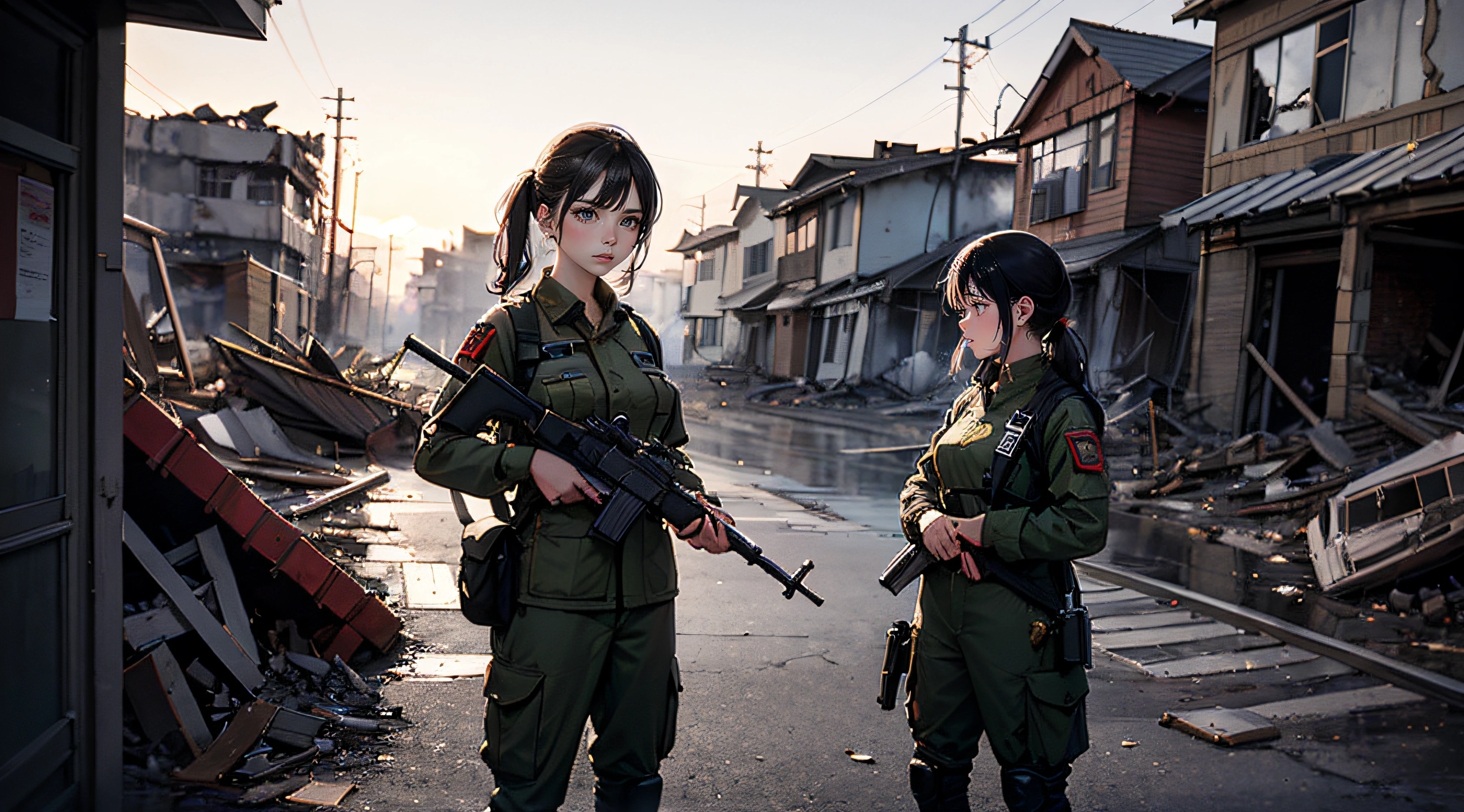 A stunning photograph of a girl in soldier outfit, ((small breast)), holding gun, standing in war zone, burnt houses, smokes everywhere, fire, captured in a naturalistic style by photographers Sam Yang and Ross Tran. The scene is highly-detailed, with intricate textures on the lady's clothing and sharp focus on the collapsed buildings, haze, apocalytic