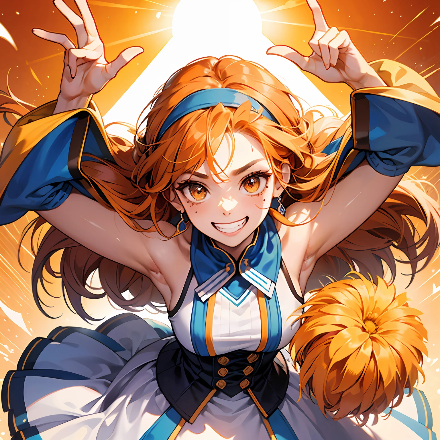 agirl,Full of dynamism,orange hair,tear moles,Headband with orange pattern,with big eyes,cheerfulness,grin,Sun'rays --auto