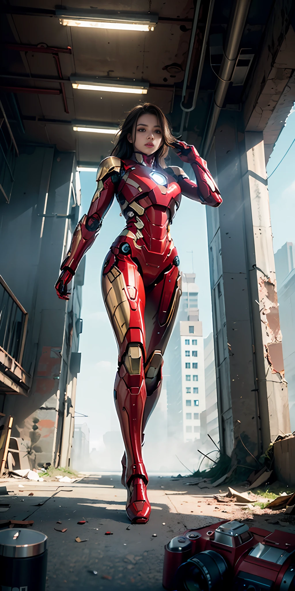 RAW, Masterpiece, Ultra Fine Photo,, Best Quality, Ultra High Resolution, Photorealistic, Sunlight, Full Body Portrait, Stunningly Beautiful,, Dynamic Poses, Delicate Face, Vibrant Eyes, (Side View) , she is wearing a futuristic Iron Man mech, red and gold color scheme, highly detailed abandoned warehouse background, detailed face, detailed and complex busy background, messy, gorgeous, milky white, high detailed skin, realistic skin details, visible pores , sharp focus, volumetric fog, 8k uhd, dslr camera, high quality, film grain, fair skin, photorealism, lomography, sprawling metropolis in futuristic dystopia, view from below, translucent