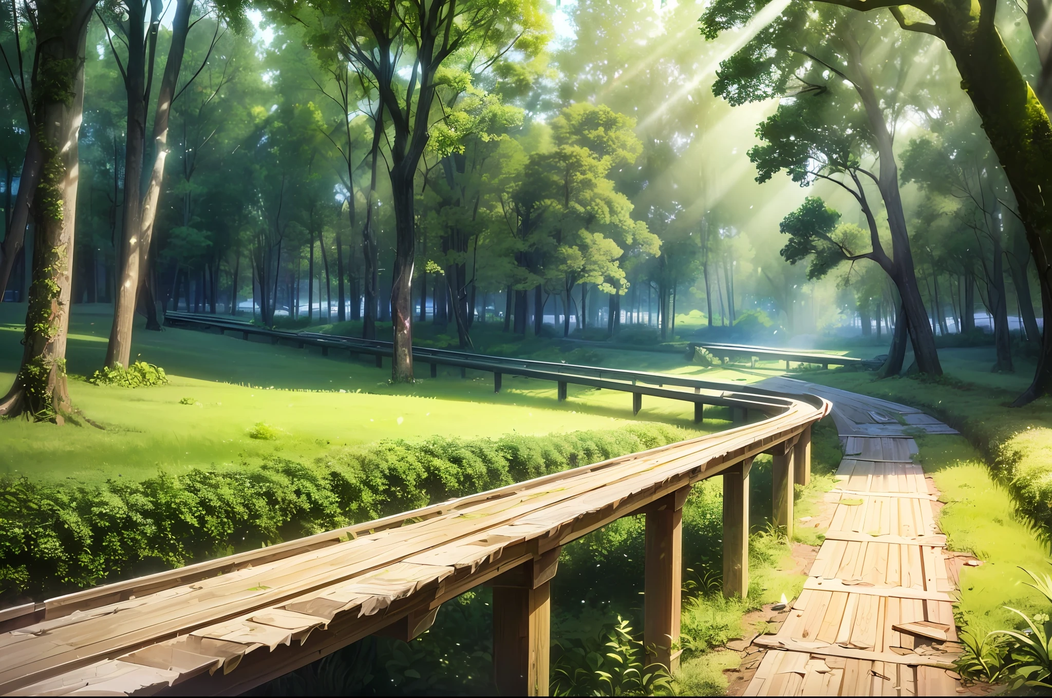 (realistic scenery:1.3,green theme:1.2), masterpiece, best quality, extremely detailed CG unity 8k wallpaper, (an abandoned wooden bridge overgrown with greenery), (crumbling and broken down with a torn down feeling),(afternoon), (no people), (wide shot), (sun rays peeking through the trees), (nature taking over).