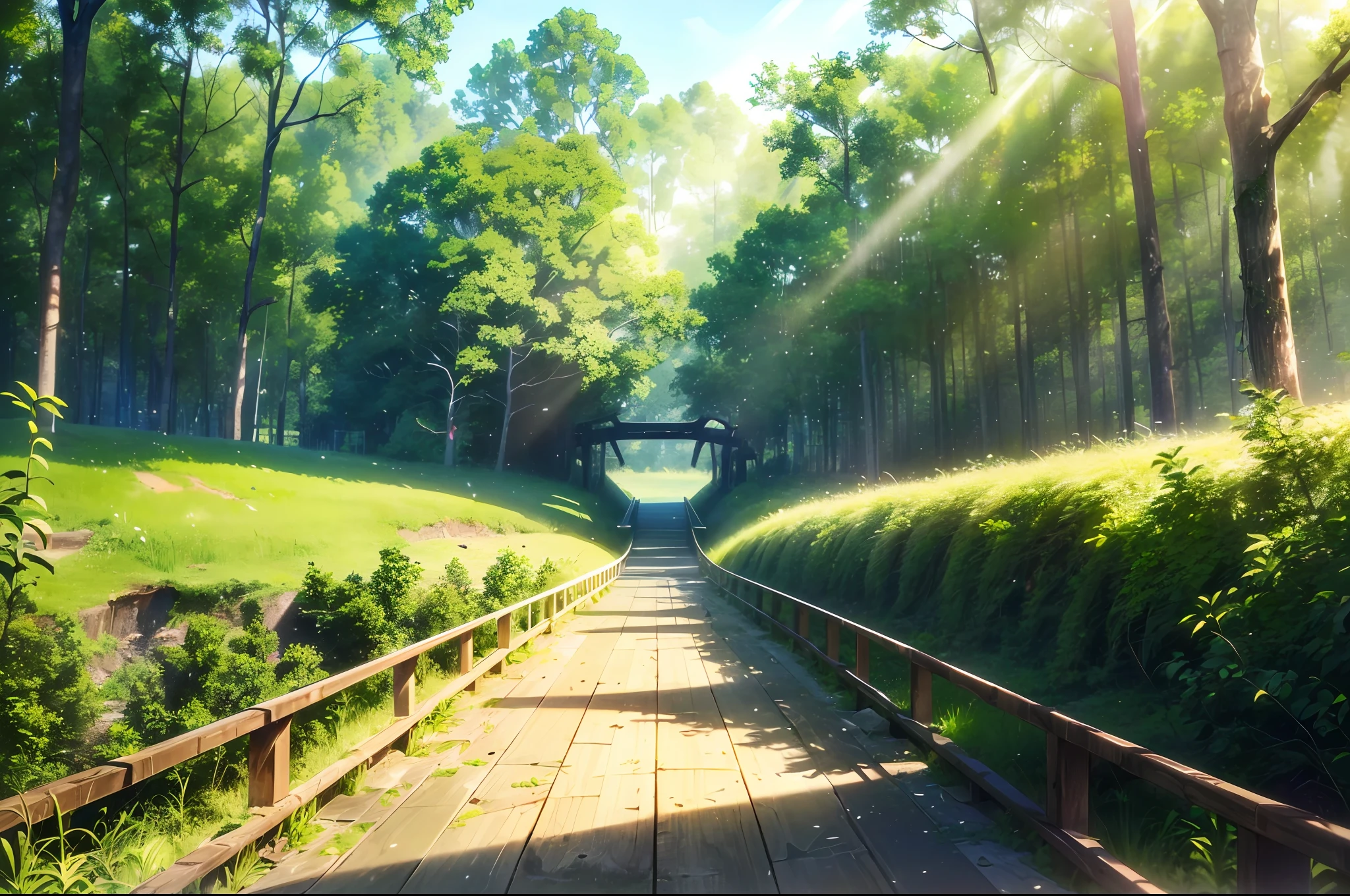 (realistic scenery:1.3,green theme:1.2), masterpiece, best quality, extremely detailed CG unity 8k wallpaper, (an abandoned wooden bridge overgrown with greenery), (crumbling and broken down with a torn down feeling),(afternoon), (no people), (wide shot), (sun rays peeking through the trees), (nature taking over).