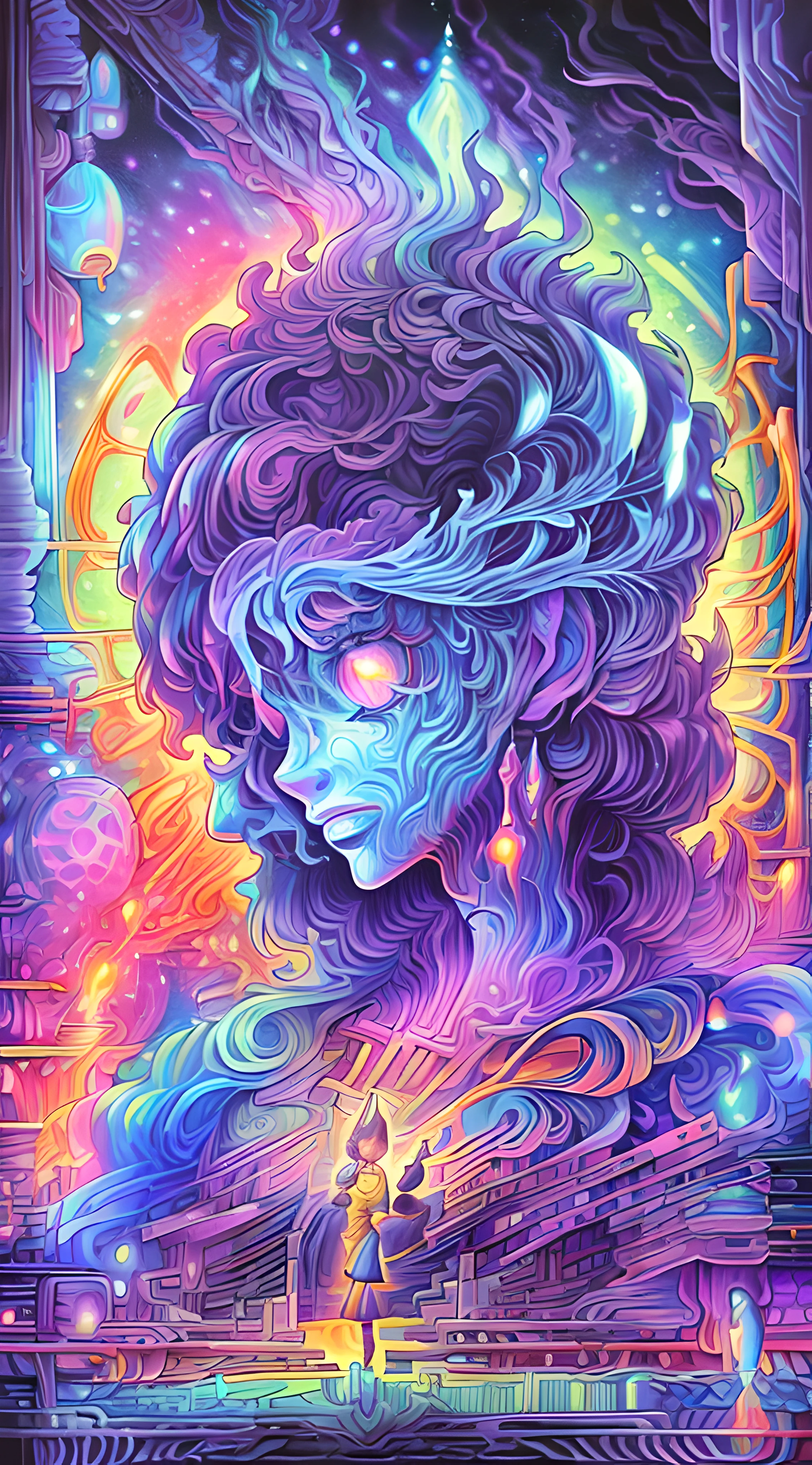 a painting of a woman with a head full of flowers and stars, detailed matte fantasy portrait, jen bartel, detailed fantasy digital art, beeple and jeremiah ketner, colorfull digital fantasy art, intricate fantasy painting, detailed fantasy art, intricate digital painting, detailed digital 2d fantasy art, fantasy portrait, detailed fantasy illustration, psytrance artwork