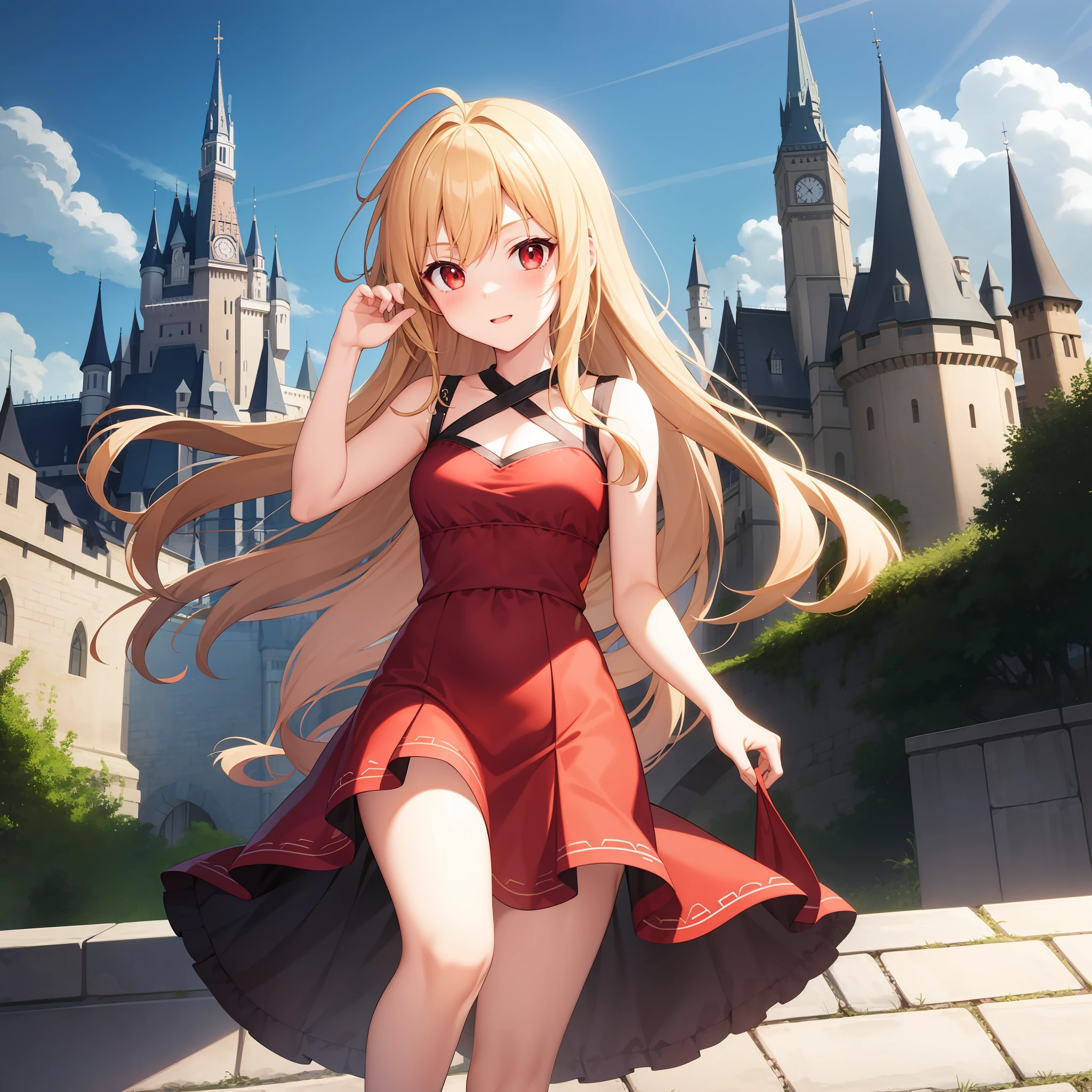 animated cartoon、One girl with blonde hair and red eyes、Red fluffy clothes、the castle