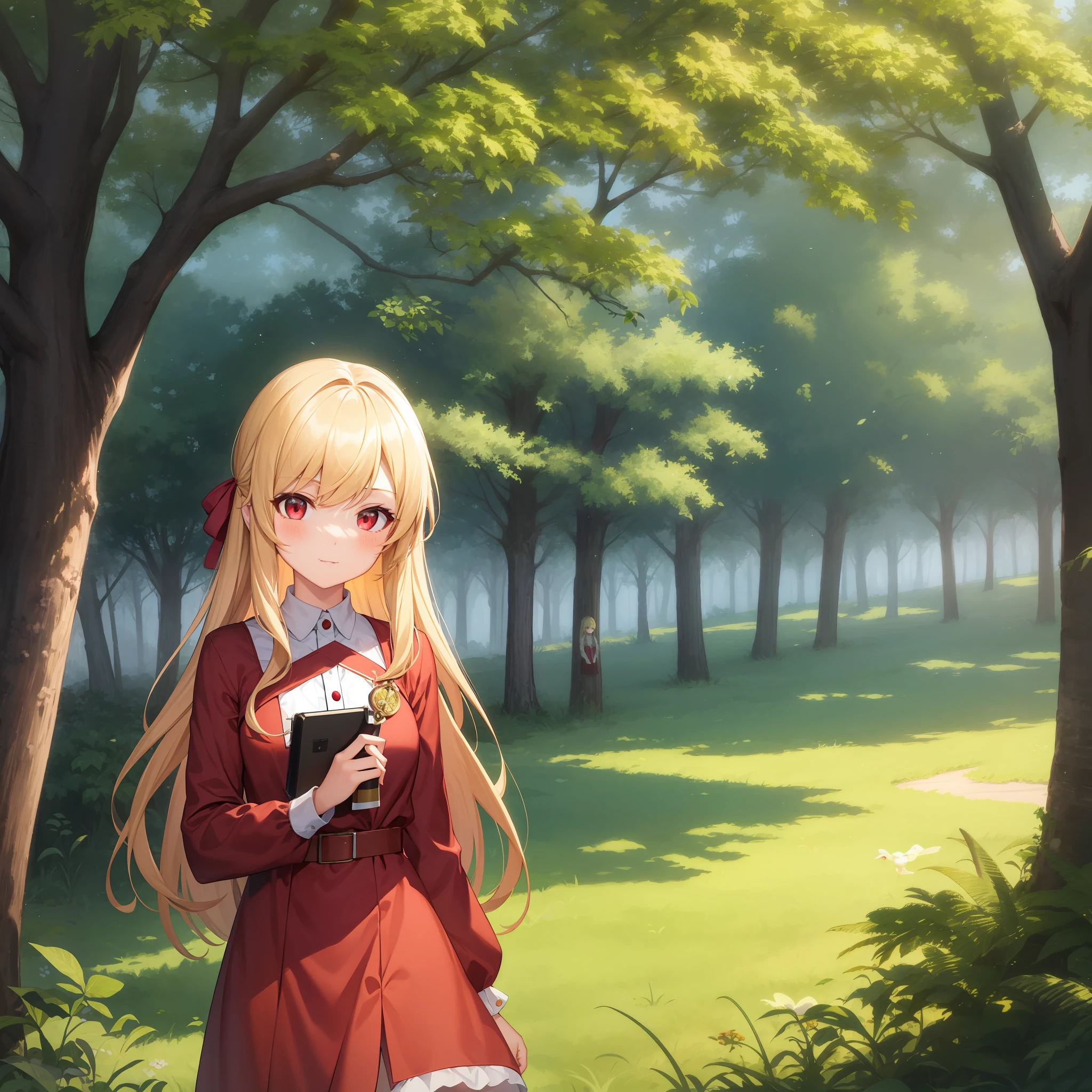 animated cartoon、One girl with blonde hair and red eyes、Red fluffy clothes、in woods