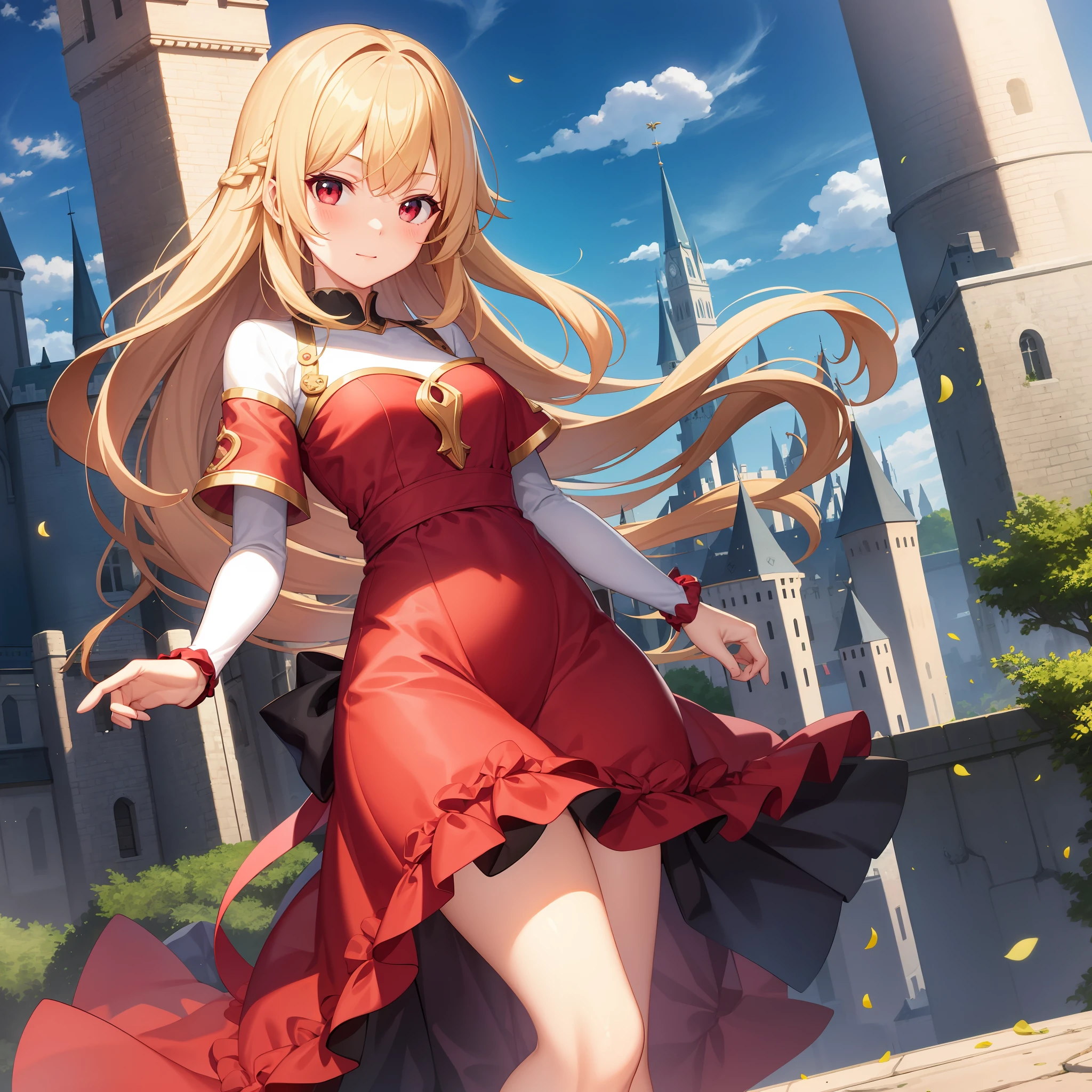 animated cartoon、One girl with blonde hair and red eyes、Princess、the castle