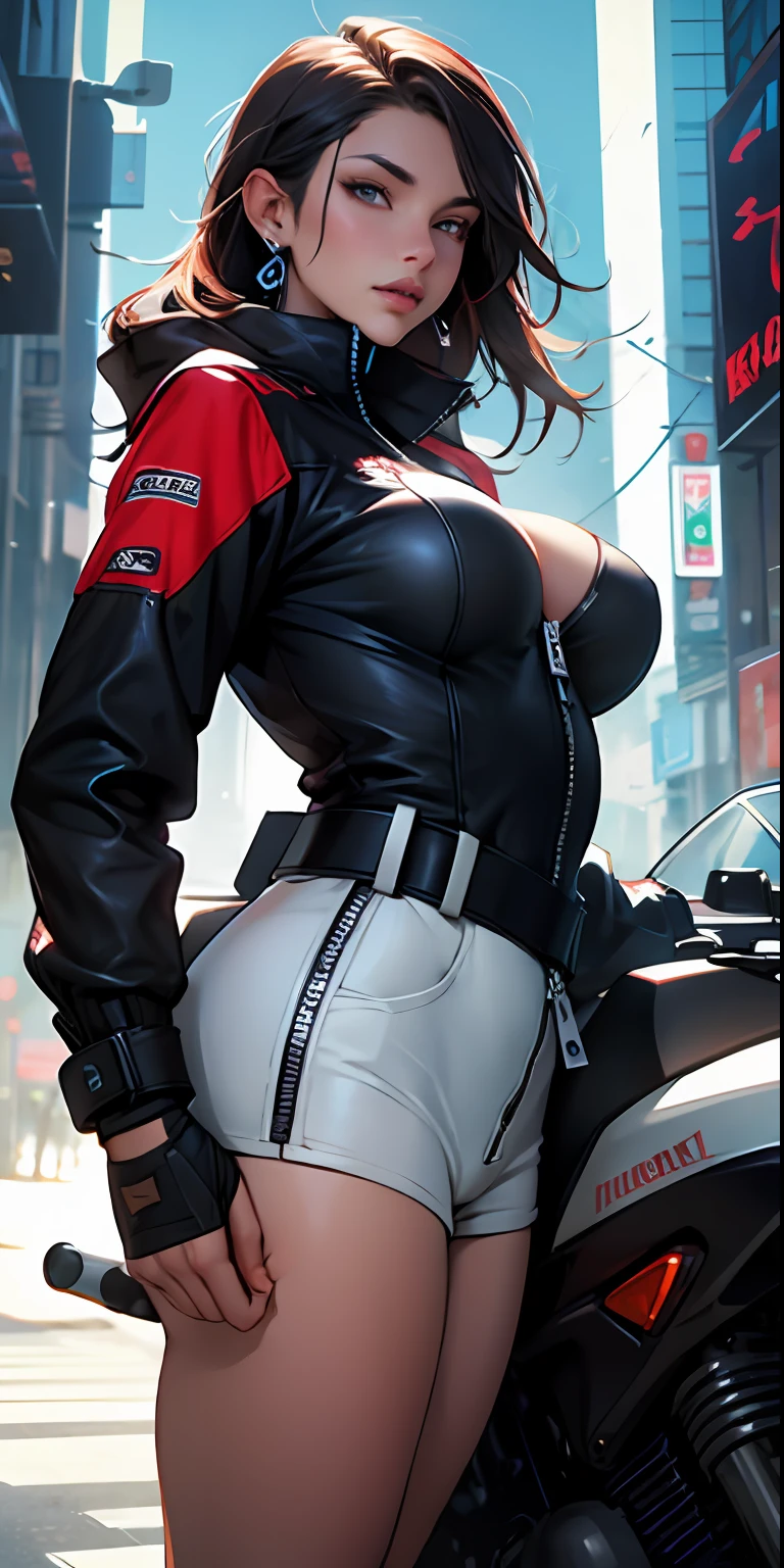 a masterpiece of、Top image quality、One Beautiful Woman、Rider suit with zipper up to the waist、You can see the valley、Skin、Red and black futuristic motorcycle、helmets、legs slightly open、Detailed facial expressions、Detailed eye、Detailed nose、Detailed lips、hugetits、Female proportions considered everywhere、Cyber City、Large circular earrings、hugetits、Emphasize the valley