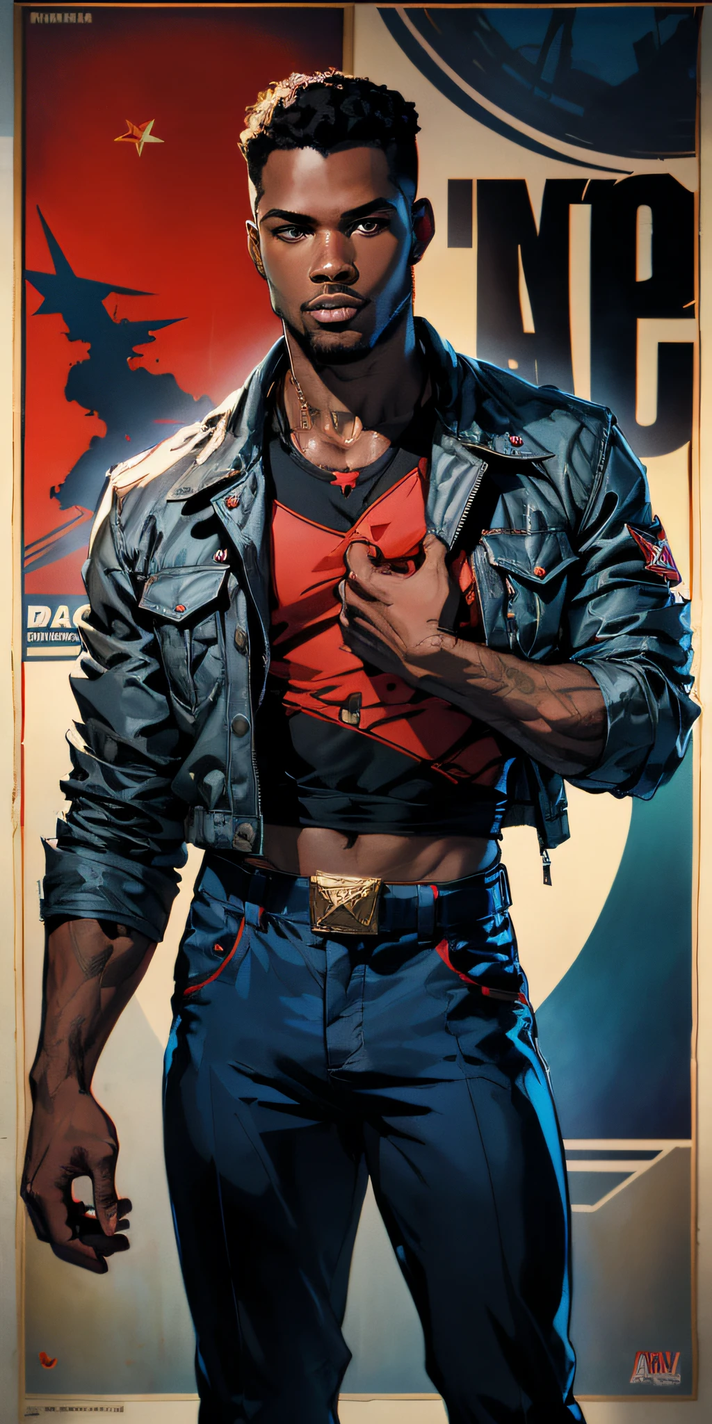 A young black man with short black curly hair and black beard in superhero pose, American World War II poster, Gil Elvgren style, WLOP, Artgerm ((Poster style)) ((wearing gray jacket with red star on the chest and blue pants)) (planets in the background of the image) ((looking forward and fighting pose)) detailed clothing, electric rays, 1 boy, solo, body fitness, poster design, poster art style. 1980s, 1950s, 1960s, 1940s, basic color scheme, very colorful poster, colorful art, third rule, dynamic pose, man (((ung man of 23 years)))), looking at the viewer, blurred background, golden eyes