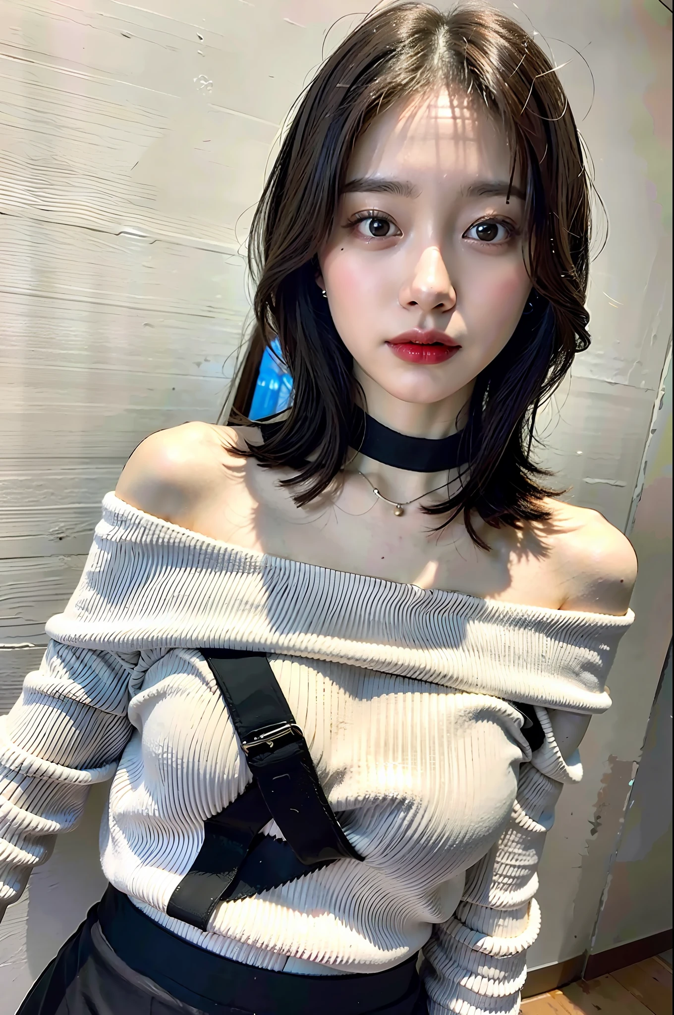best quality, ultra high res, (photorealistic:1.4), 1girl, off-shoulder white shirt, black tight skirt, black choker, (faded ash gray hair:1), (huge breasts:1.2), looking at viewer, closeup ,