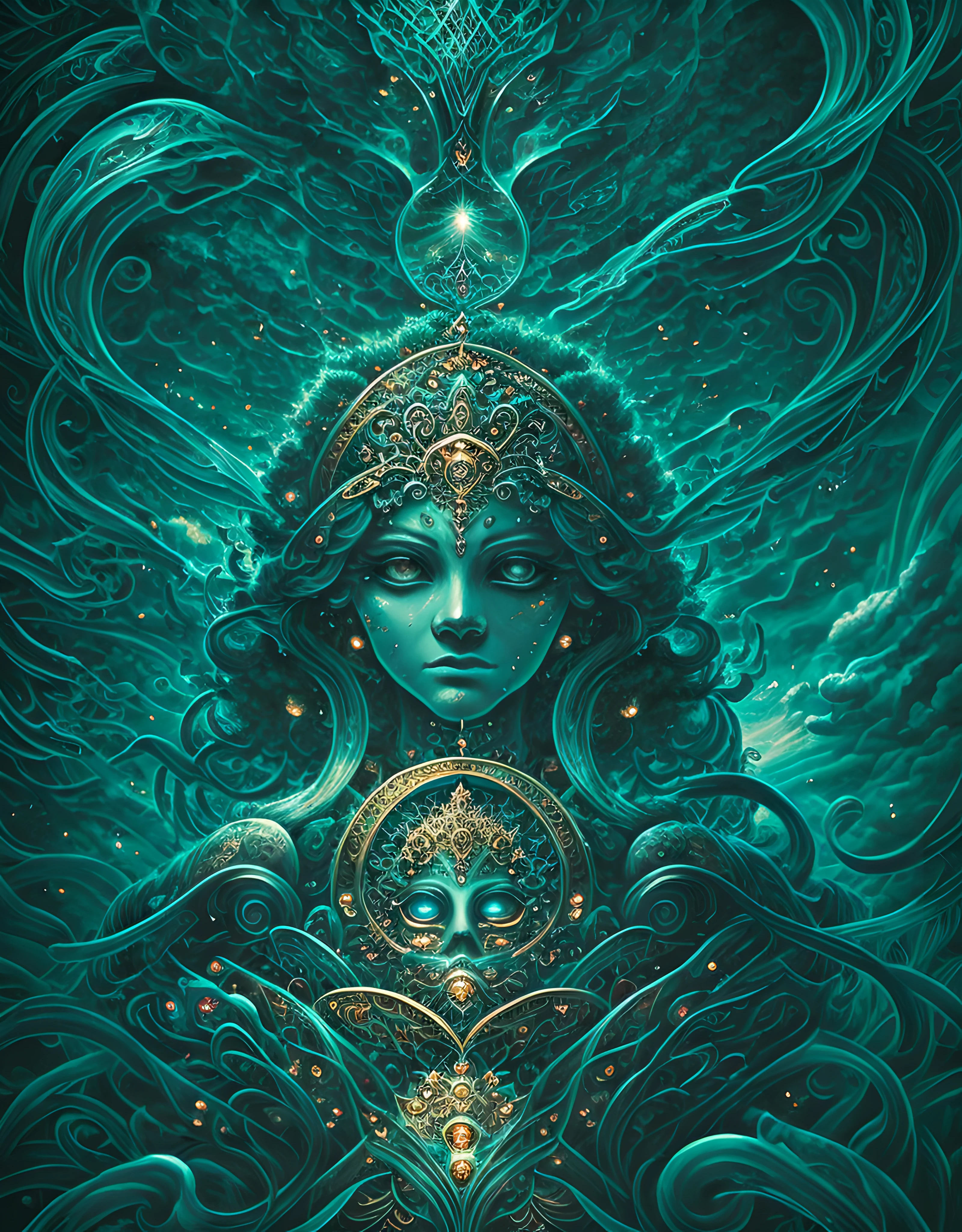 (masterpiece), best surreal masterpiece, top quality, best quality, official art, beautiful and aesthetic:1.2) , green skin godess and god ,children ,extreme detailed,landscape and forest,colorful,highest detailed, official art, gold leaf ,glitter art ,unity 8k wallpaper, ultra detailed, beautiful and aesthetic, beautiful,fractal art, mystical and otherworldly, with intricate fur and piercing eyes, in the breathtaking mountain landscape of NCWinters ,alex grey ,psychedelic, dmt