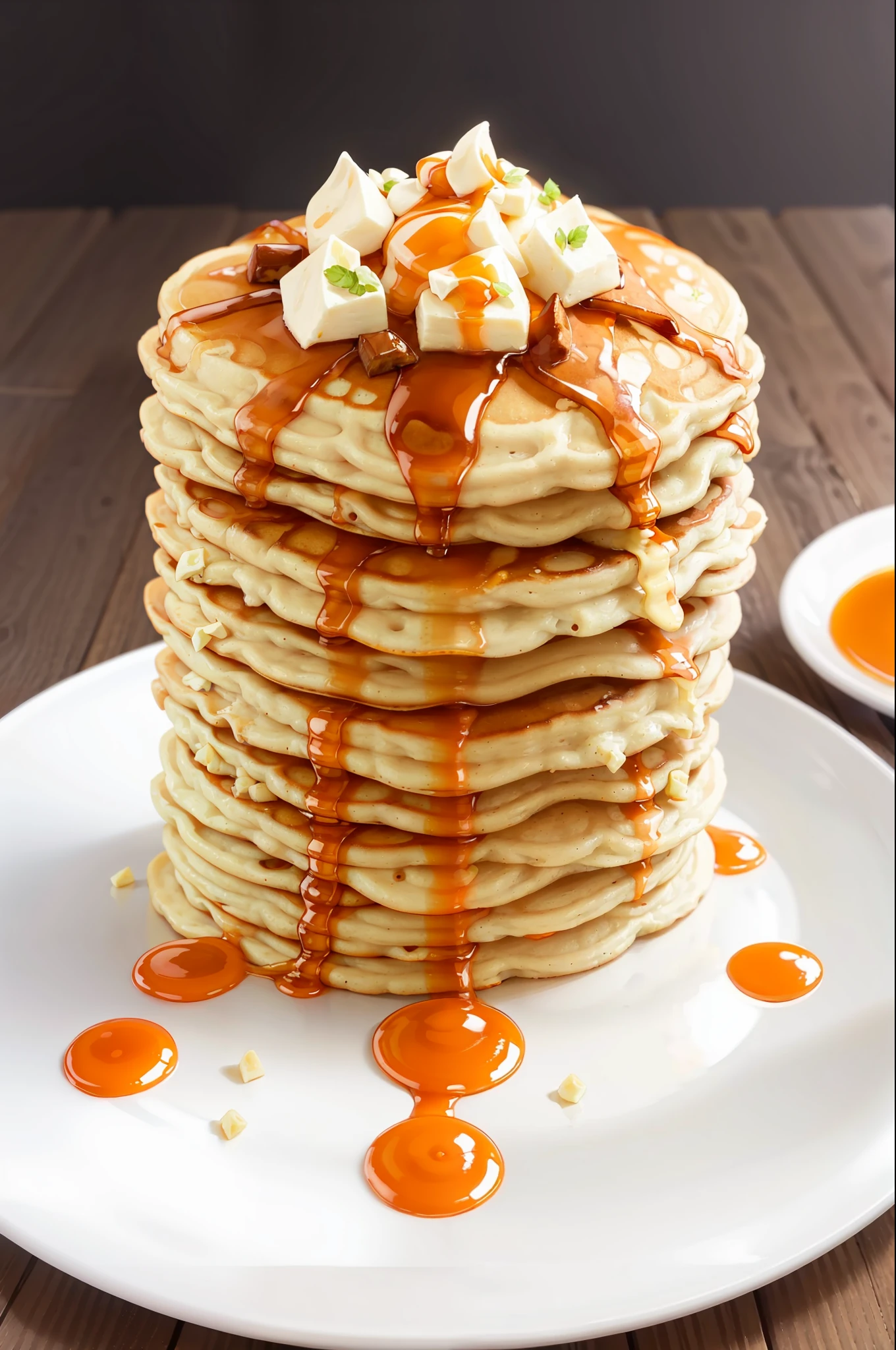 masterpiece, high quality, best quality, pancakes poured with maple syrup, (thin pancakes), foodphoto,