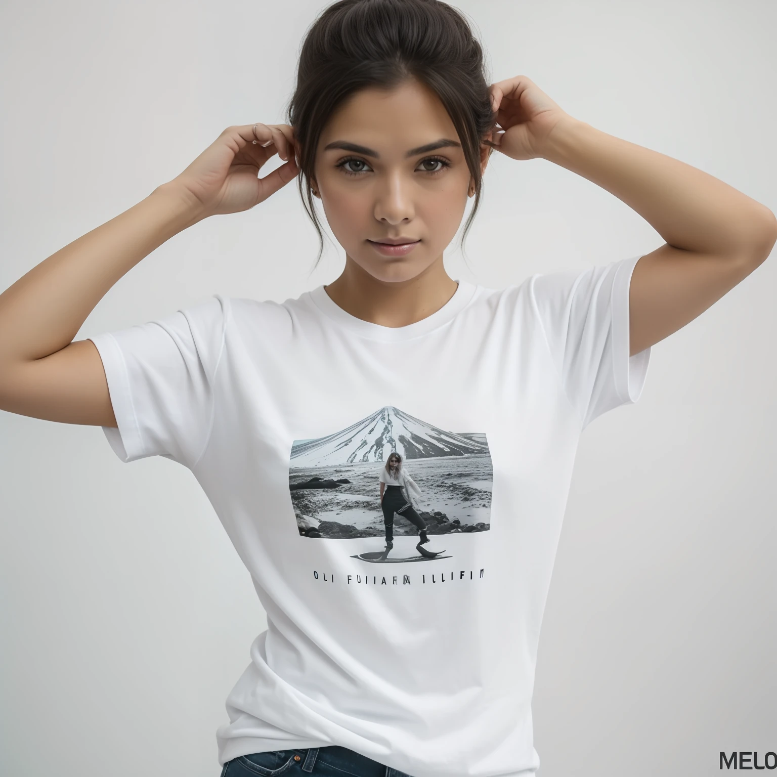 RAW photo in front view of a female model posing for a T-shirt photo shoot. The model is wearing a knit tee, Tee de manga comprida branco. the model is looking at the camera, diferentes poses, (pele altamente detalhada: 1.2), ((meio corpo)), 8k UHD, DSLR, soft ilumination, alta qualidade, grain of film, Fujifilm XT3, (((fundo branco))), --no graphic --no text, Centralizado