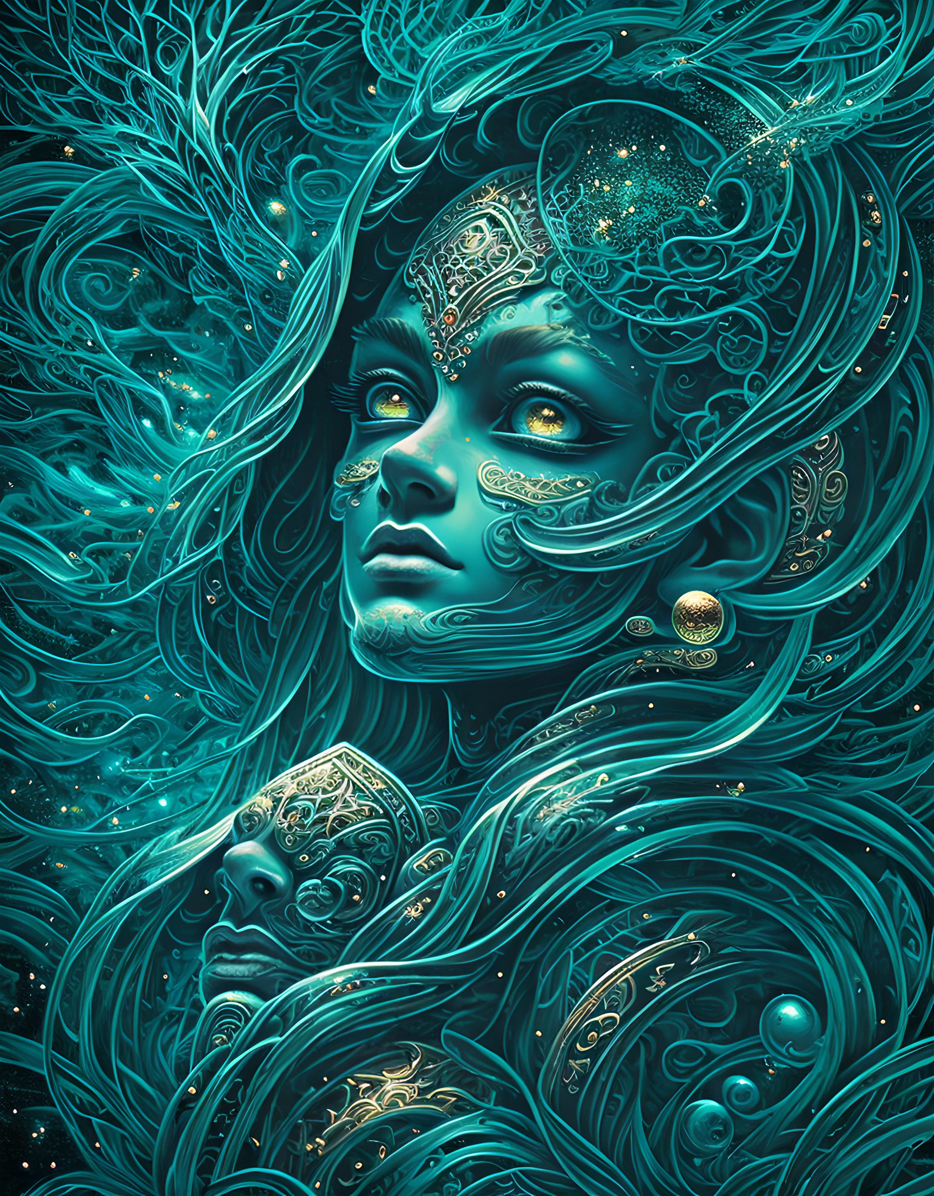 (masterpiece), best surreal masterpiece, top quality, best quality, official art, beautiful and aesthetic:1.2) , green skin godess and god ,children ,extreme detailed,landscape and forest,colorful,highest detailed, official art, gold leaf ,glitter art ,unity 8k wallpaper, ultra detailed, beautiful and aesthetic, beautiful,fractal art, mystical and otherworldly, with intricate fur and piercing eyes, in the breathtaking mountain landscape of NCWinters ,alex grey ,psychedelic, dmt