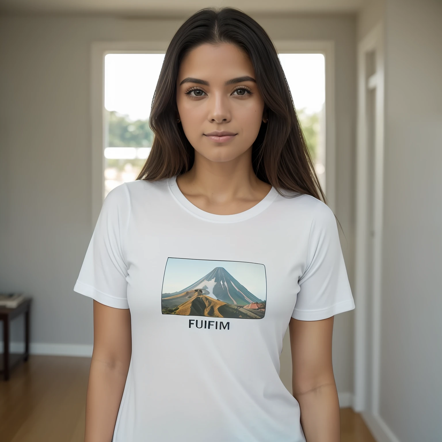 RAW photo in front view of a female model posing for a T-shirt photo shoot. The model is wearing a knit tee, camiseta branca lisa. The model is looking at the camera, diferentes poses, (pele altamente detalhada: 1.2), ((meio corpo)), 8k UHD, DSLR, soft ilumination, alta qualidade, grain of film, Fujifilm XT3, (((fundo branco))), --no graphic --no text, Centralizado