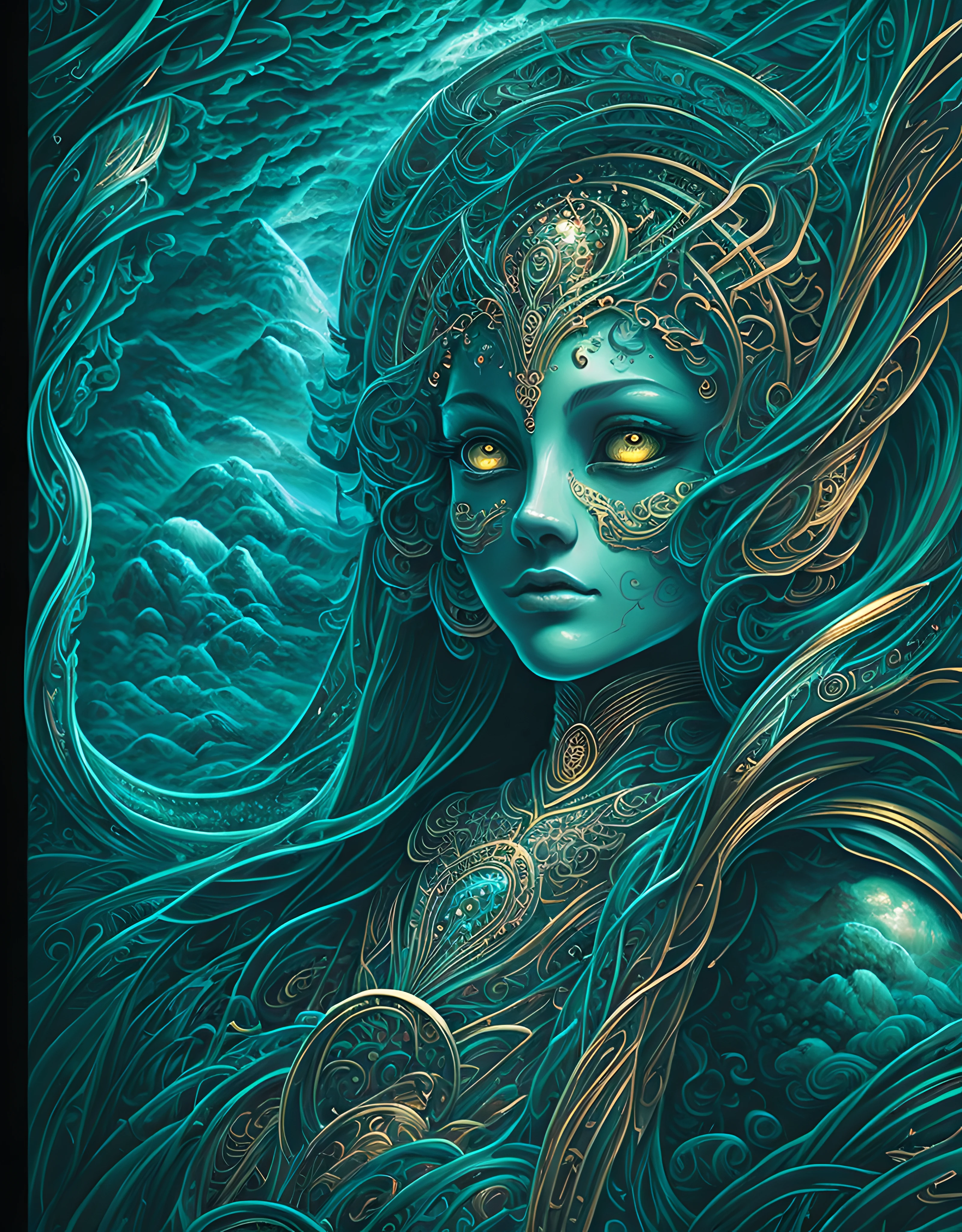 (masterpiece), best surreal masterpiece, top quality, best quality, official art, beautiful and aesthetic:1.2) , green skin godess and god ,children ,extreme detailed,landscape and forest,colorful,highest detailed, official art, gold leaf ,glitter art ,unity 8k wallpaper, ultra detailed, beautiful and aesthetic, beautiful,fractal art, mystical and otherworldly, with intricate fur and piercing eyes, in the breathtaking mountain landscape of NCWinters ,alex grey ,psychedelic, dmt