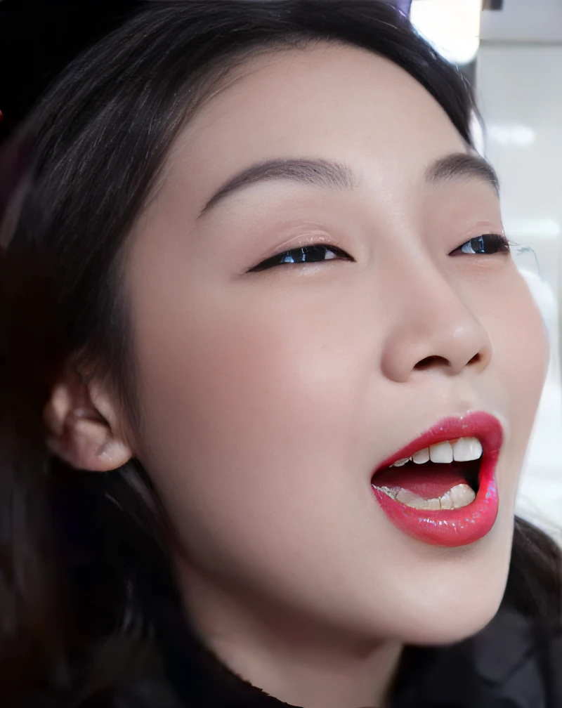 there is a woman that is singing into a microphone, spit flying from mouth, excited facial expression, With his mouth open, Mouth slightly open, Mouth open, Chinese woman, red lipstick on face, face is brightly lit, Asian face, mouth is simple and pleasant, her face is coated in a whitish, Mouth wide open, glowing mouth, big round nose closed lips --auto
