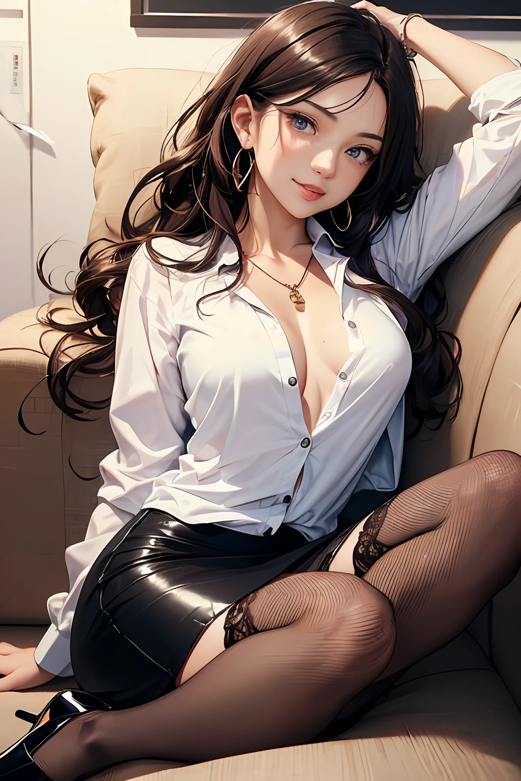 (Masterpiece: 1.3), (Maximum resolution: 1.2), (Ultra HDTV: 1.2), Cinema light, Ultra HDTV, (Detailed eyes and skin), (Detailed facial features), HDR, 8k resolution, Sharp Focus: 1.2, Perfect style, beautiful face, Perfect body, accurate, anatomically correct, highly detailed face and skin texture, detailed eyes, Dark-blue eyes, double eyelids, thin eyebrows, dropping eyes, glitter eyeliner: 1.2, natural cheeks, glossy skin, fair skin: 1.2, shiny little necklace and earrings, (glossy lips: 1.4), BREAK, first-person-view, (she is very Cute high school trainee Teacher), (Wearing a Button up shirt, Pencil skirt, high heels), (seductive smile: 1.2), ((20 years old, very Cute girl:1.4)), (wavy hair), (Light-brown hair:1.2), long hair, (Full body shot: 1.2), BREAK, ((Very intimate relationships: 1.2)), medium large breasts, ((Looking at viewer:1.2)), (lying on the couch in the back of the room:1.2), (In the Very narrow student advisory room), (from side:1.2),