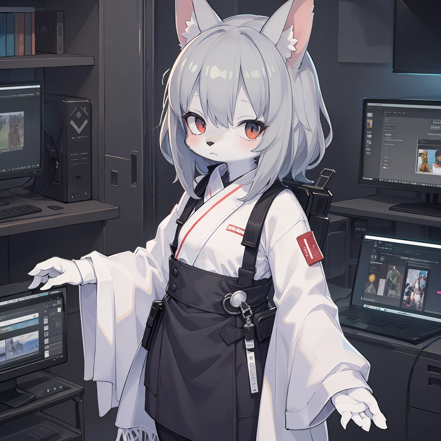 gray haired，Furry Girl，handsome，Exoskeleton arm，sense of science and technology，White sweatshirt，succinct，Cyan shawl