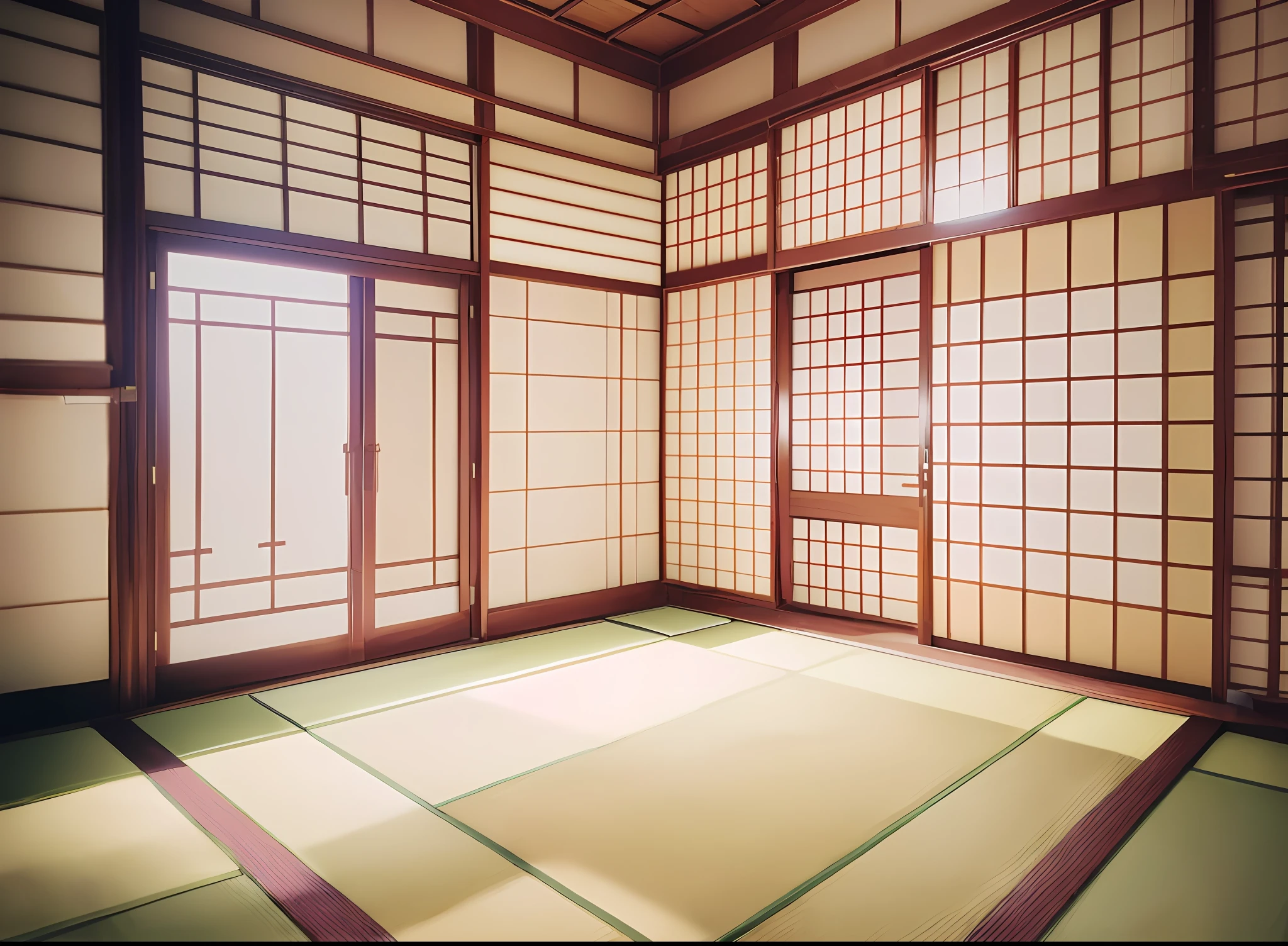 there is a room with a tata screen and a window, japanese house, traditional japanese, in a japanese apartment, Japanese style, in a dojo, tatami galaxy, japanese influences, traditional japanese colors, inspired by Shūbun Tenshō, inspired by Kanō Tanshin, inspired by Sesshū Tōyō, Japanese