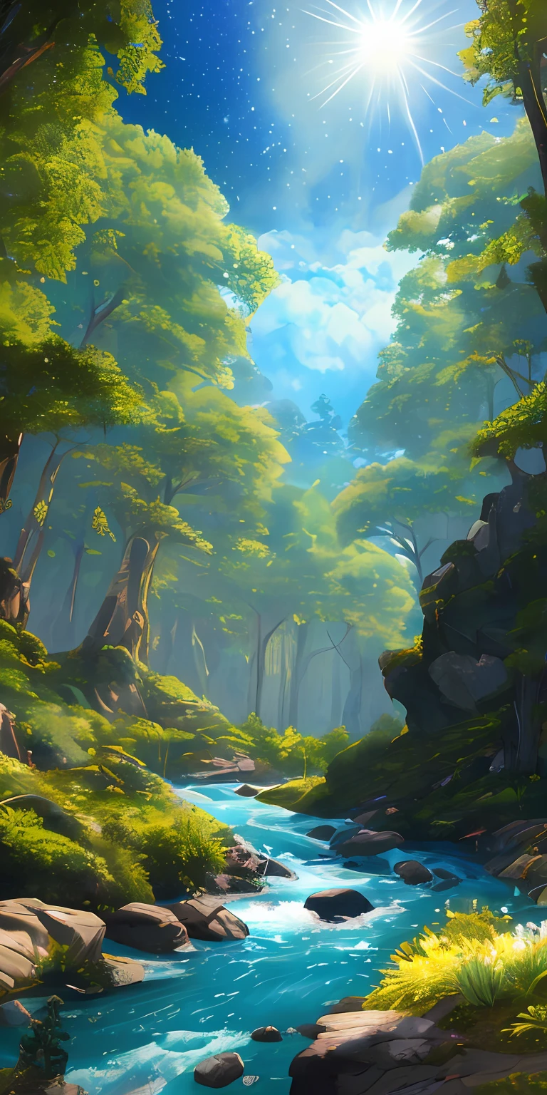 Illustration of a hyperrealistic , otherworldly, ultrasky scene featuring a giant crystal tree full body,very detailed and magical lighting, intricate forest details, vegetation and river around, solarpunk ,landscape, giant tree, beatifull leafy with beautiful lighting and realistic proportions, as if it were a cinematic background, 8k, highest quality, masterpiece, clouds and stars in the sky.