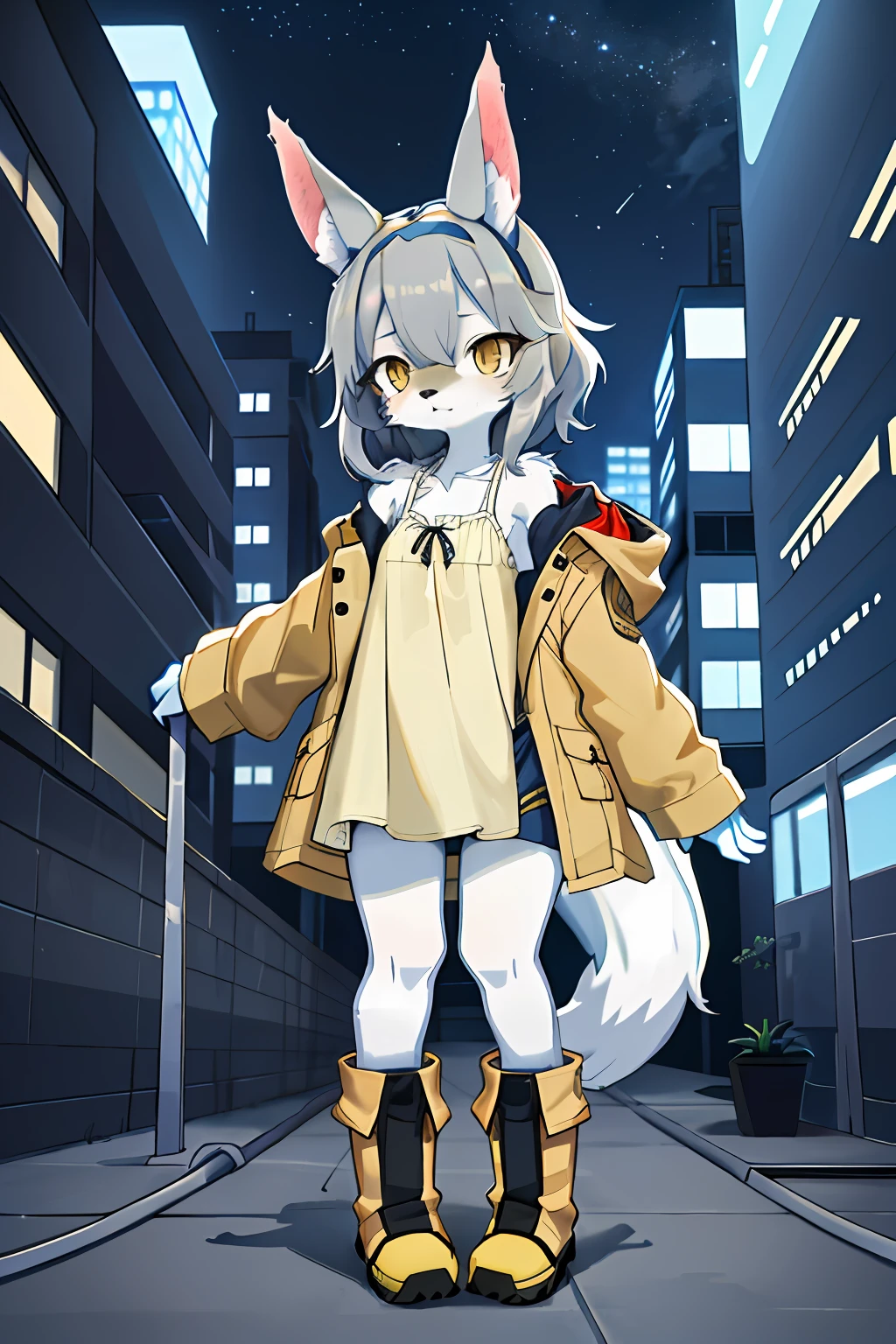 Furry Girl,Beige body,Gray hair color,Hairbands with stars,sao,Yellow cargo coat,electrician,Technologically sensible clothing,Futuristic,Tech boots,Short stature,Technology,In the future,shorter hair,racy,short pant,Beige fluff hairs,chemise,city background,fox ear