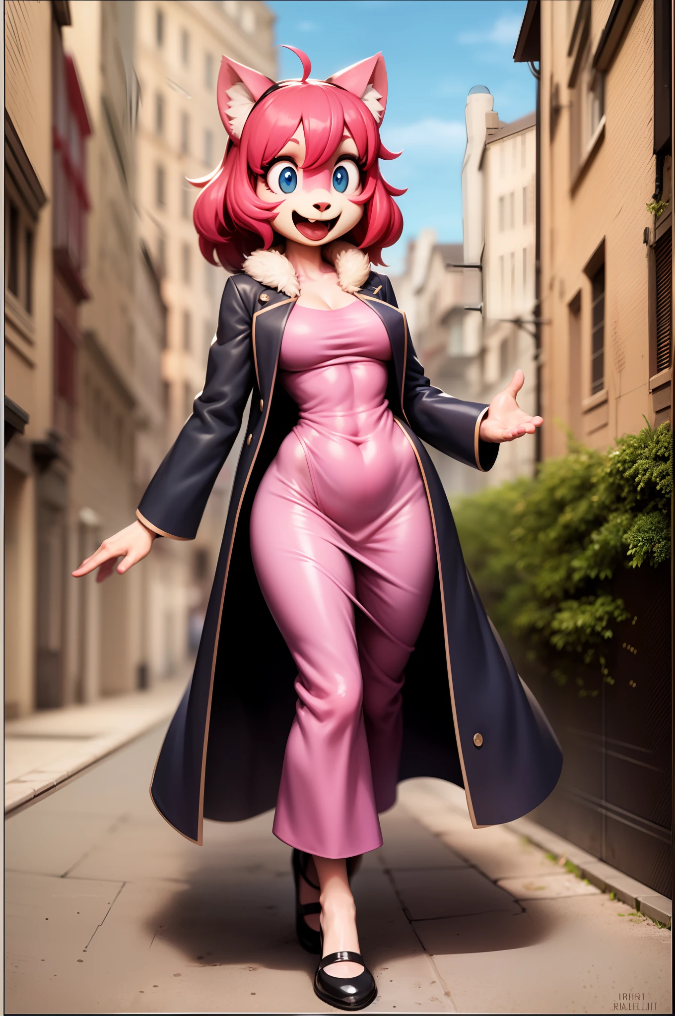 catgirl, furry, toon, cartoon, pink hair, walking,, lion tail, cat ears, animal nose, coat, vest, smile, long dress, long robe, long skirt, priestess, religiouse