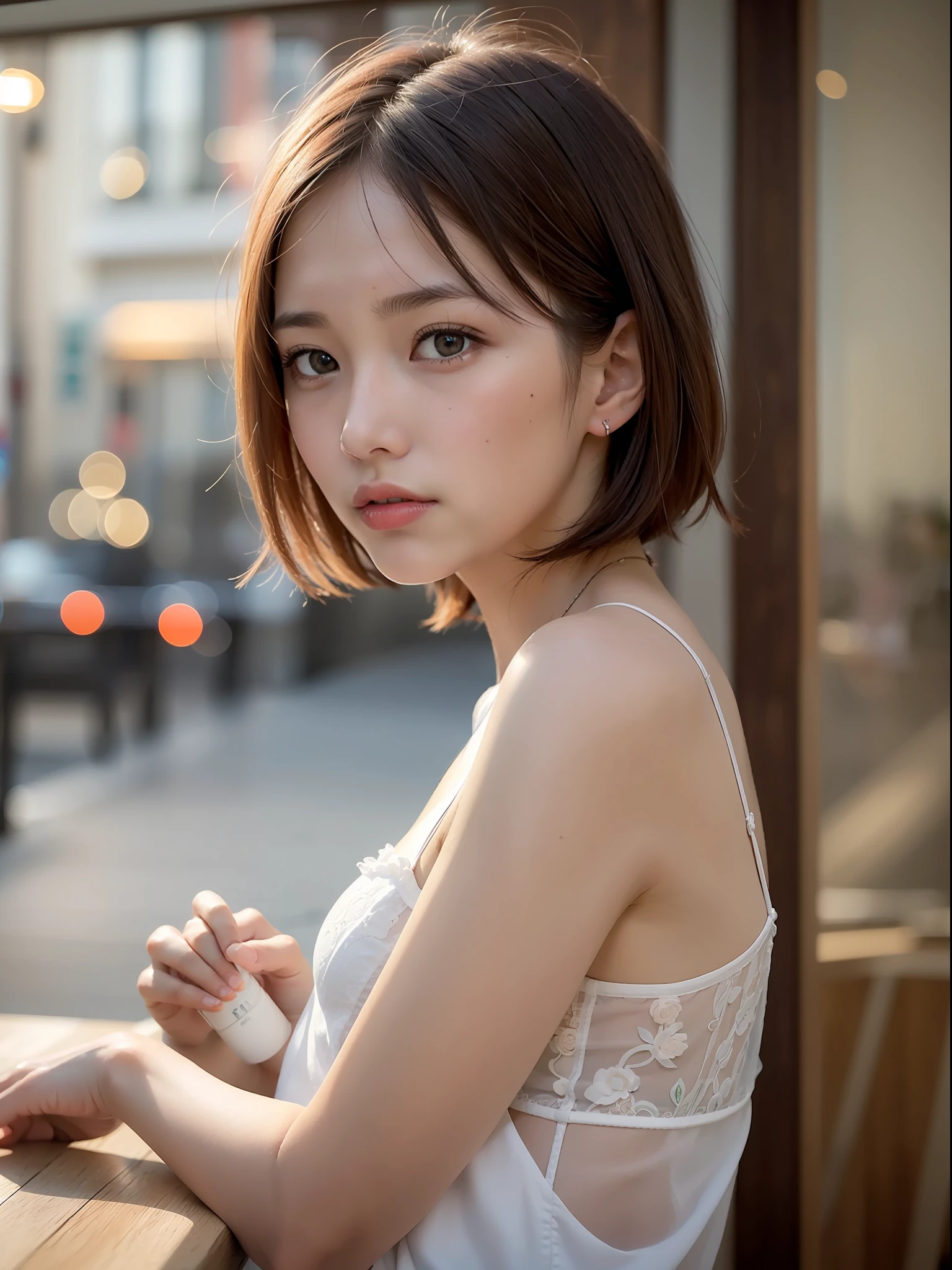 ((top quality, 8k, masterpiece: 1.3, raw photo)), Sharp Focus: 1.2, (1 aespa girl: 1.2), (Realistic, Photorealistic: 1.37), (face focus: 1.1), cute face, small breasts, flat chest, short hair, (white camisole: 1.1), skirt, sitting, cafe, hand on cheek, from below, sunlight, movie lighting,