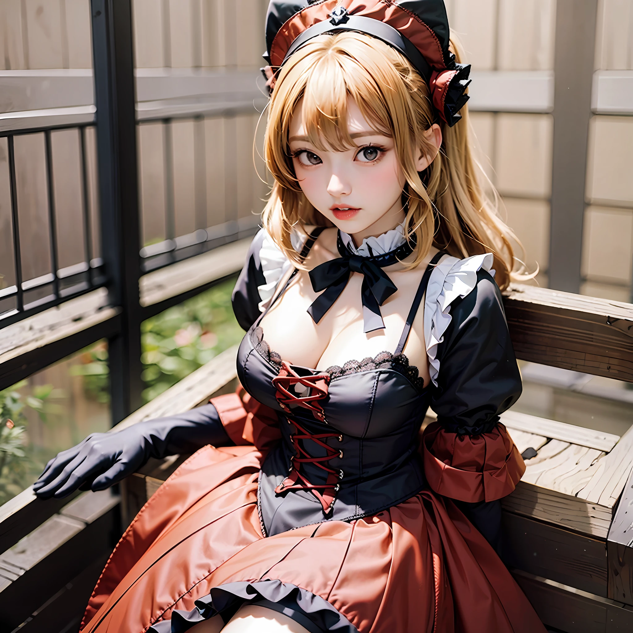 Beautiful blonde girl、Red Gothic Lolita Outfit、