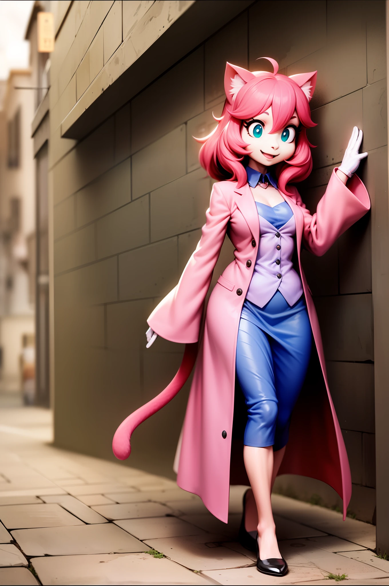 catgirl, furry, toon, cartoon, pink hair, walking,, lion tail, cat ears, animal nose, coat, vest, smile, long dress, long robe, long skirt, priestess, religiouse