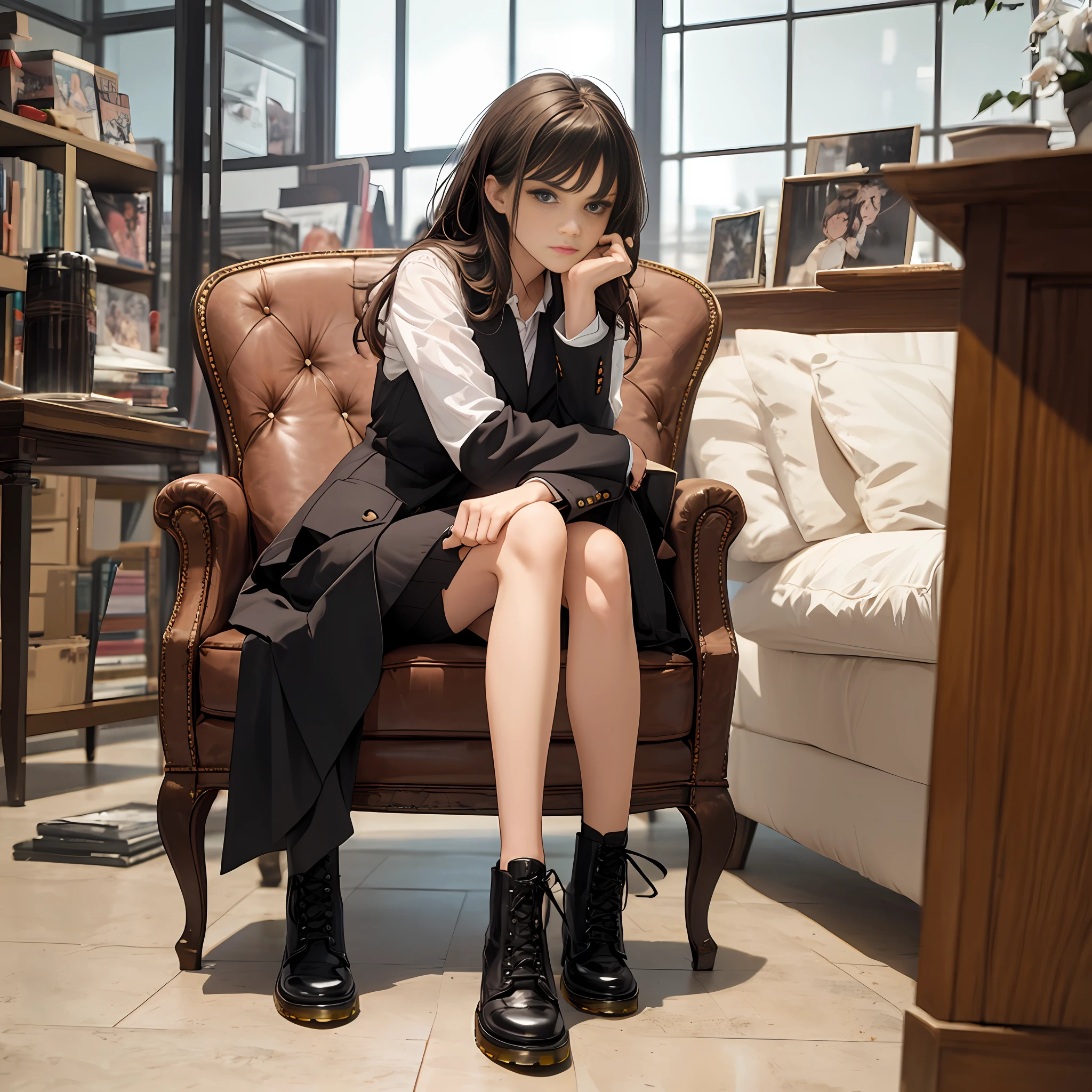 (masterpiece),best quality,ultra-detailed, an extremely delicate and beautiful, Emma Watson, Shoe soles、Dr. Martens Boots,blazers,Black High Socks,Sit in a chair and cross your legs,Proud appearance,Cross your arms and look down,(1girl),(glaring:1.2)