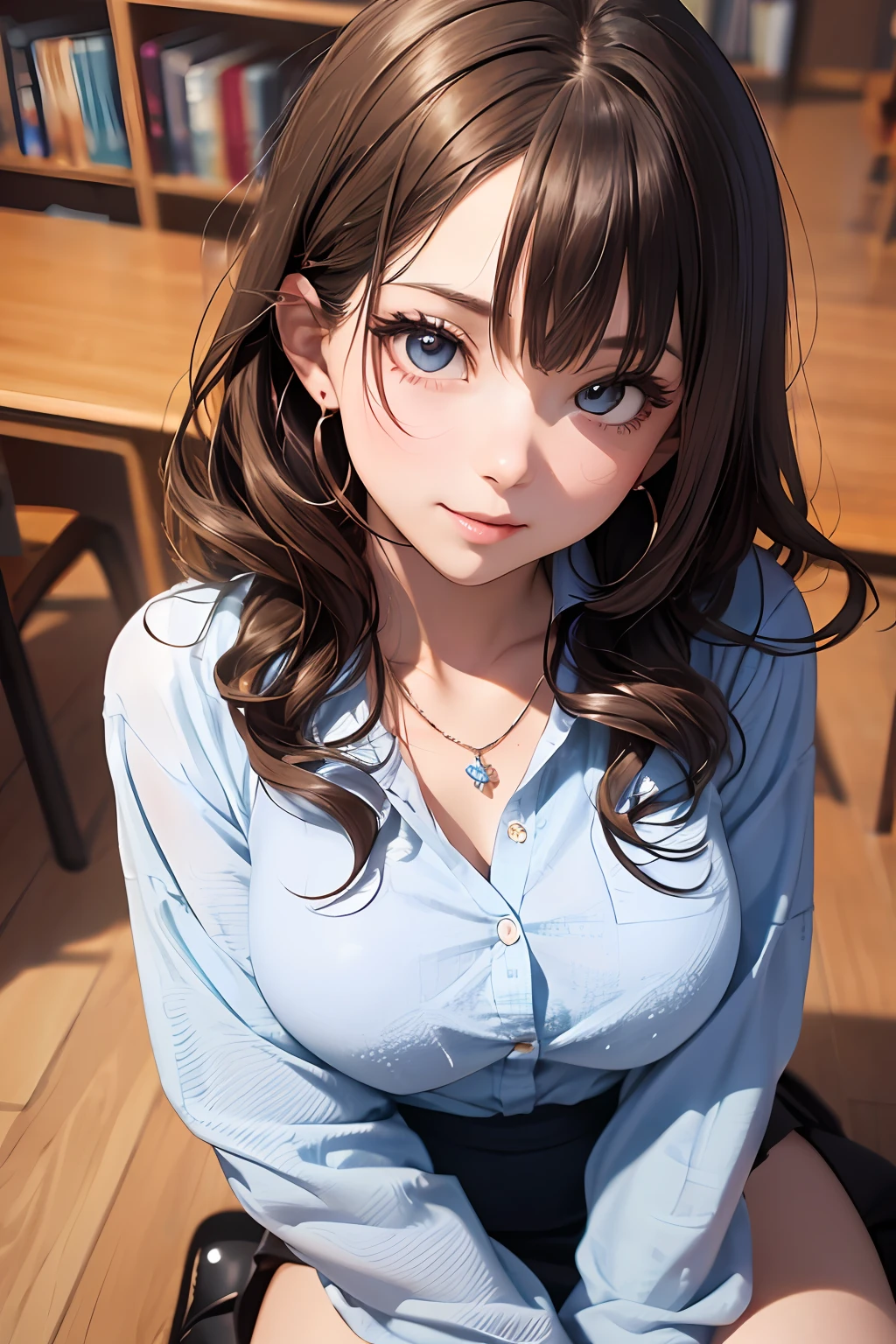 (masutepiece: 1.3), (max resolution: 1.2), (Ultra HDTV: 1.2), cinema lite, Ultra HDTV, (Detailed eyes and skin), (detailed facial features), ultgp, 8K resolution, Sharp Focus: 1.2, Perfect Style, Beautiful Face, accurate, Anatomically correct, Highly detailed face and skin texture, Detailed eyes, Dark-blue eyes, Double eyelids, Thin eyebrows, Glitter Eyeliner: 1.2, Natural cheeks, Glossy skin, Fair skin: 1.2, shiny little necklace and earrings, (Glossy lips: 1.4), break, absurderes, One-person viewpoint, (she is high school student), (Wearing a Button up shirt, pencil skirts, high heels), (Seductive smile: 1.2), (Staring at the viewer), ((a Innocent and cute girl:1.3)), (Layered hairstyle, Wavy Hair), (ligh brown hair:1.2), Medium Long Hair, (Full body shot: 1.2), Focus on Face, ((Very intimate relationships: 1.2)), medium large breasts, ((Pose lying on the floor:1.2)), ((In An empty library)), (From directly above:1.2),