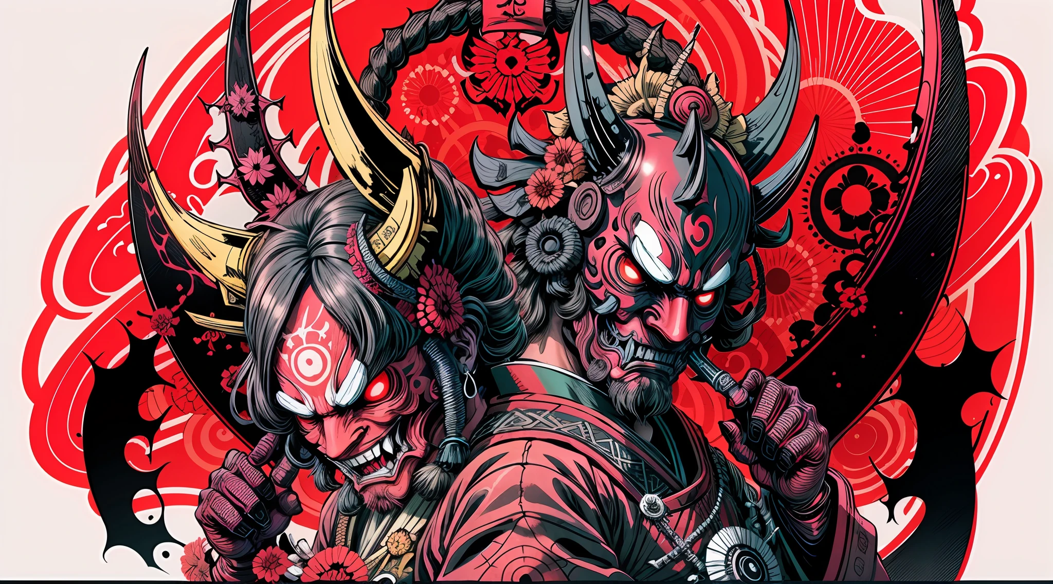 black and pink, Hannya style 0mib mask, illustrator, masterpiece, high quality, 8k, high resolution, high detailed, Japanese, samurai