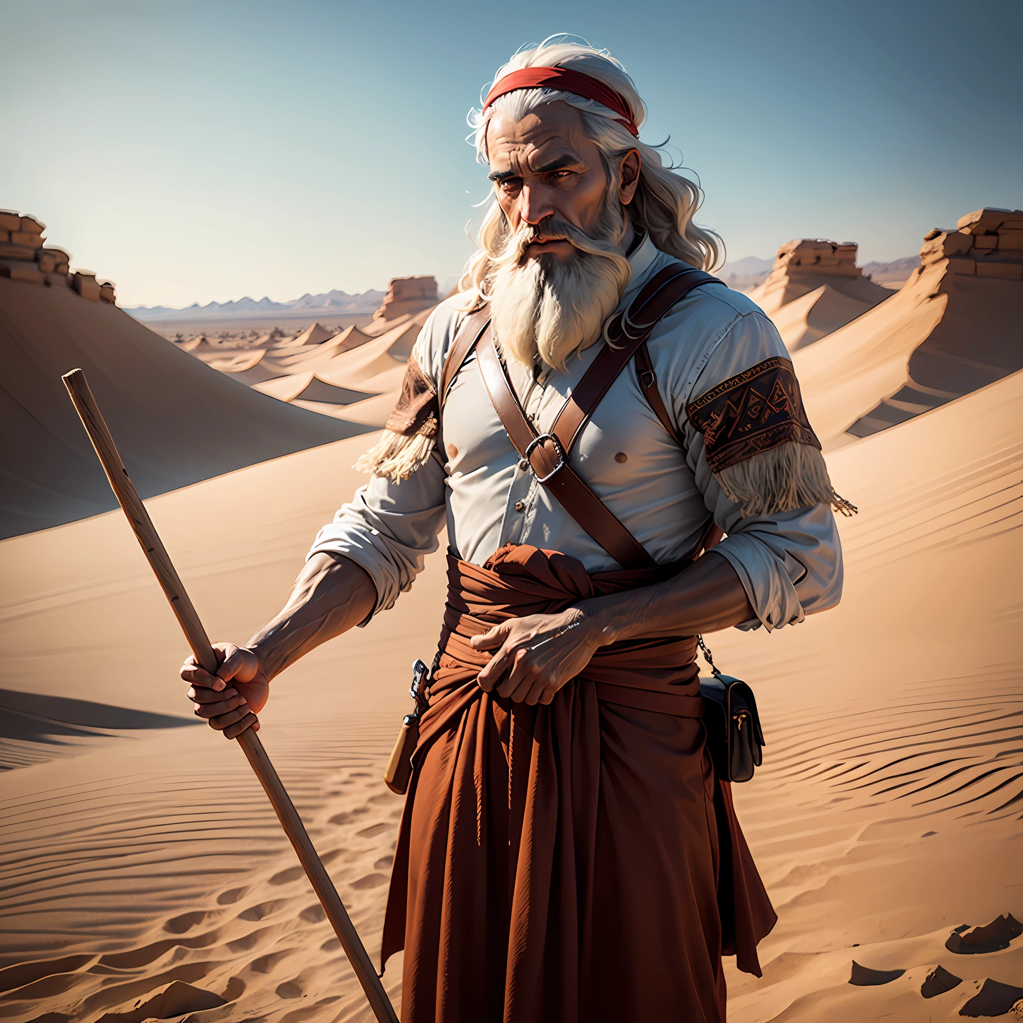Moses from the Bible, imagem ultra realista e super detalhada, holding a stick in your hand, background image resembles there is a desert environment, barba longa, Appearance of a Jew of 4,000 years ago --auto