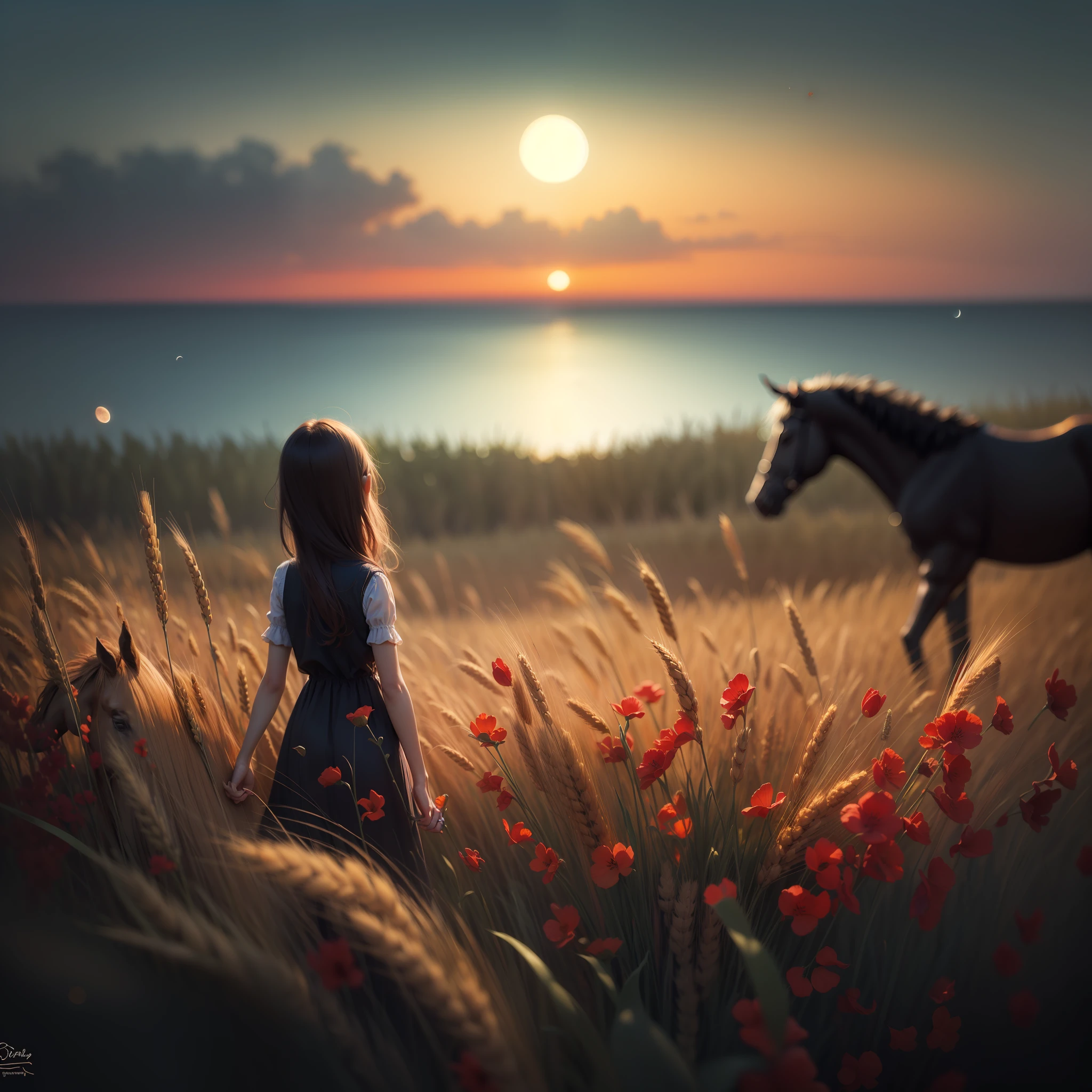 A girl in a field of wheat with small red flowers with a horse and a moon of the sun setting in the sea --auto