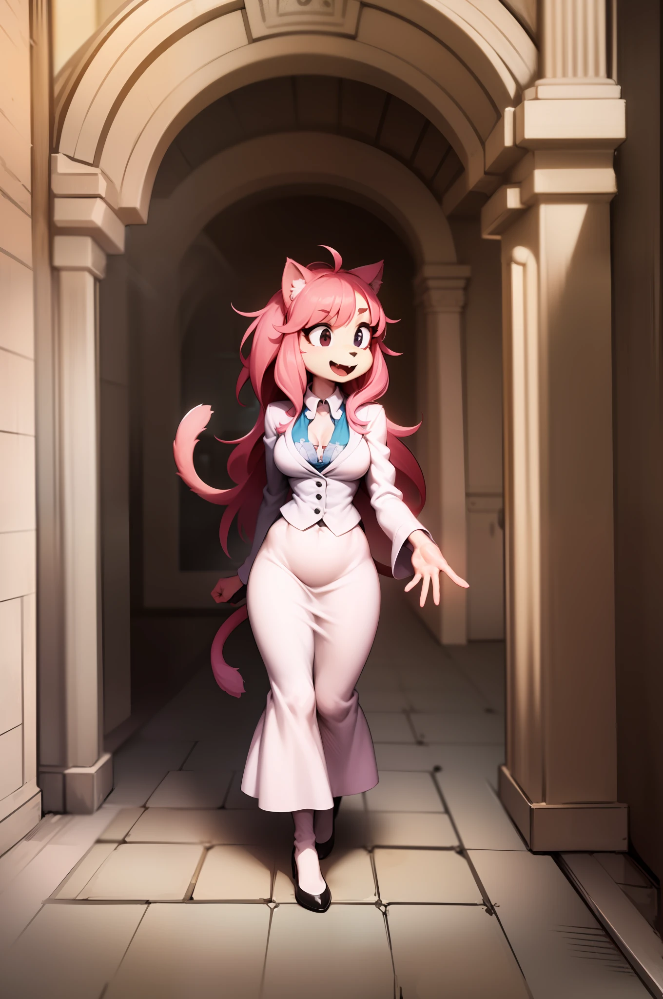 catgirl, furry, toon, cartoon, pink hair, walking,, lion tail, cat ears, animal nose, coat, vest, smile, long dress, long robe, long skirt, priestess, religiouse