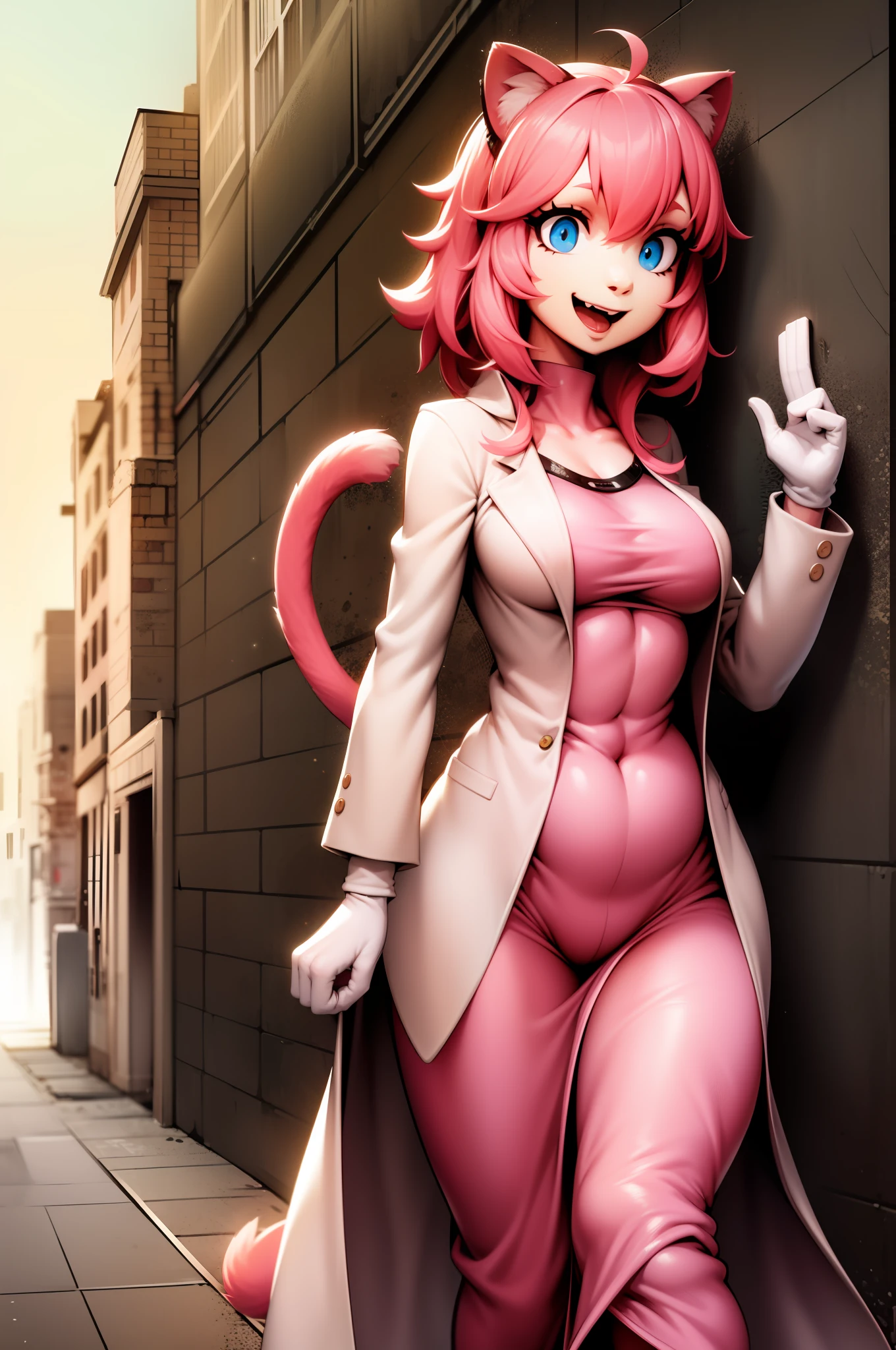 catgirl, furry, toon, cartoon, pink hair, walking,, lion tail, cat ears, animal nose, coat, vest, smile, long dress, long robe, long skirt, priestess, religiouse