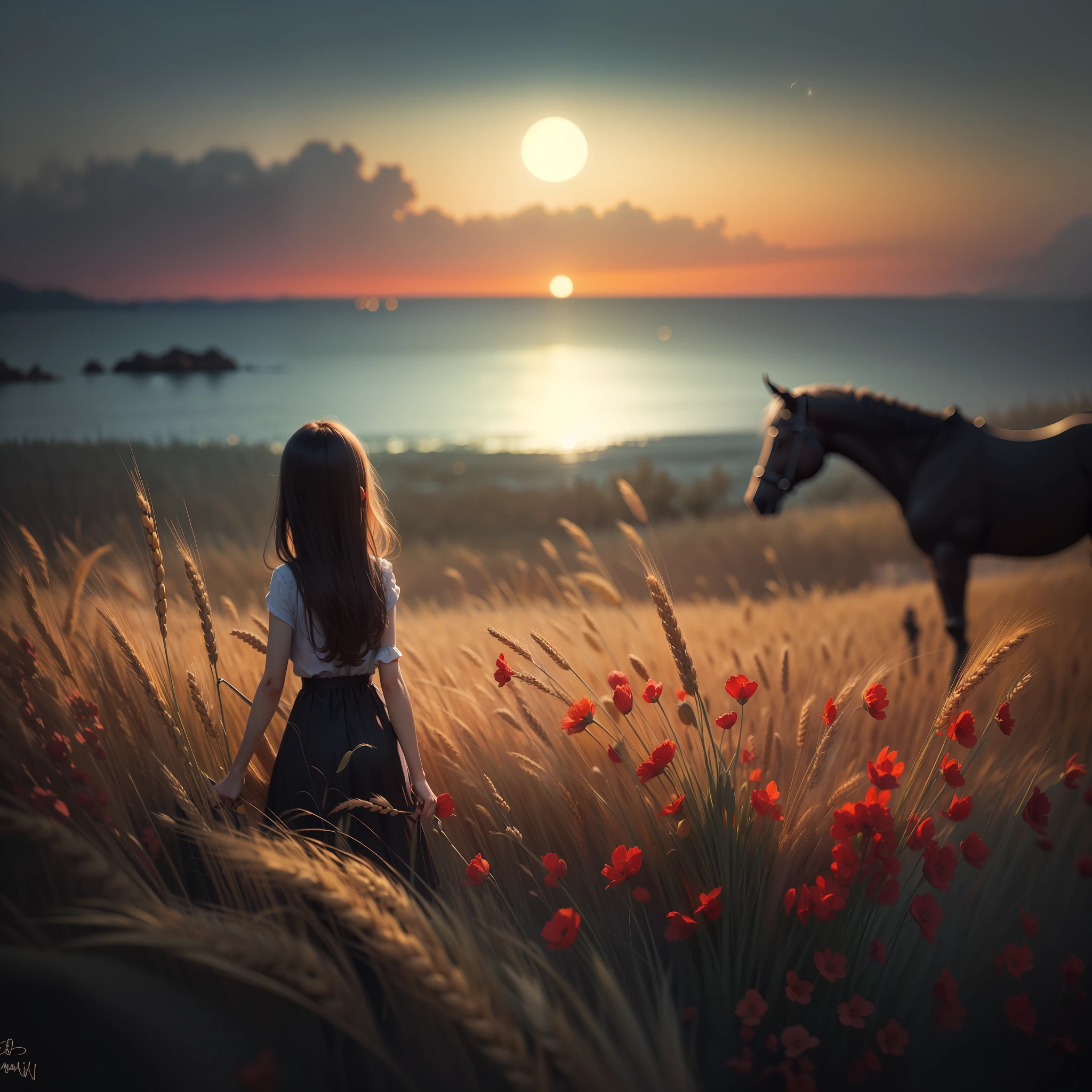 A girl in a field of wheat with small red flowers with a horse and a moon of the sun setting in the sea --auto
