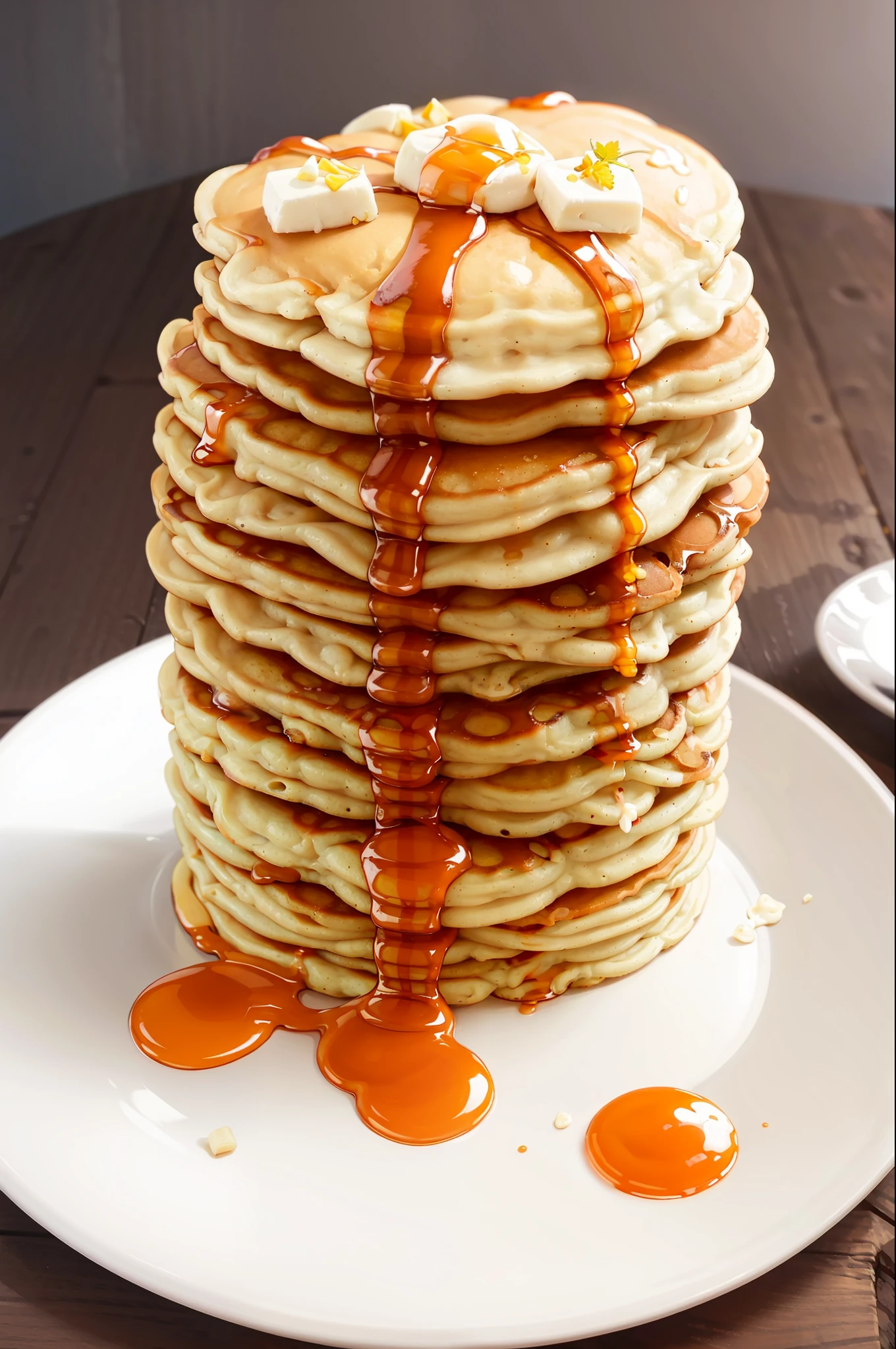 masterpiece, high quality, best quality, pancakes poured with maple syrup, (thin pancakes), foodphoto,