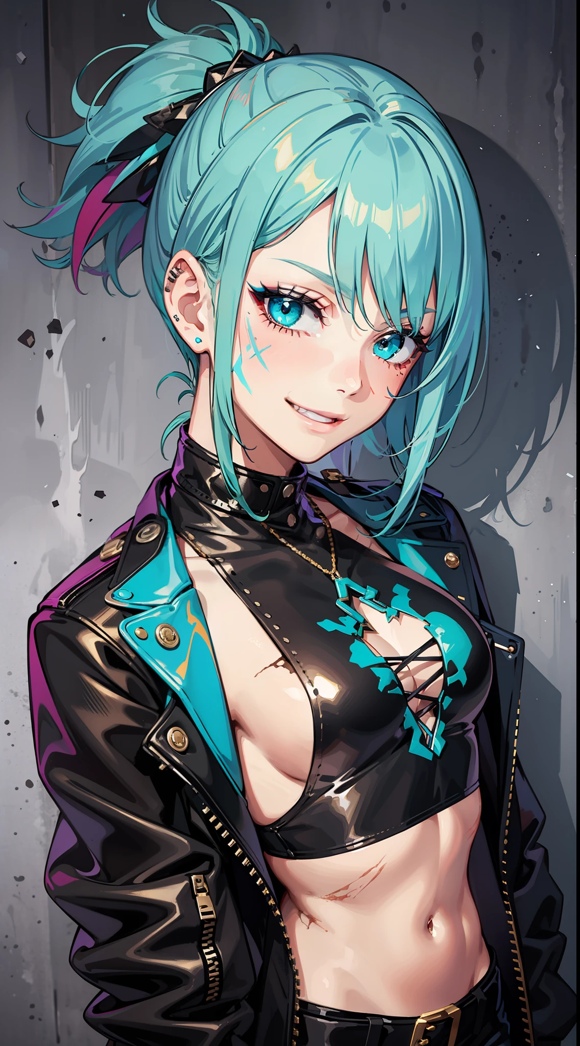 young girl, long turquoise hair, punk haircut, turquoise eyes, Scars, punk make-up, leather jacket, Burns, ripped clothes, madness, smirk, Masterpiece, highly quality