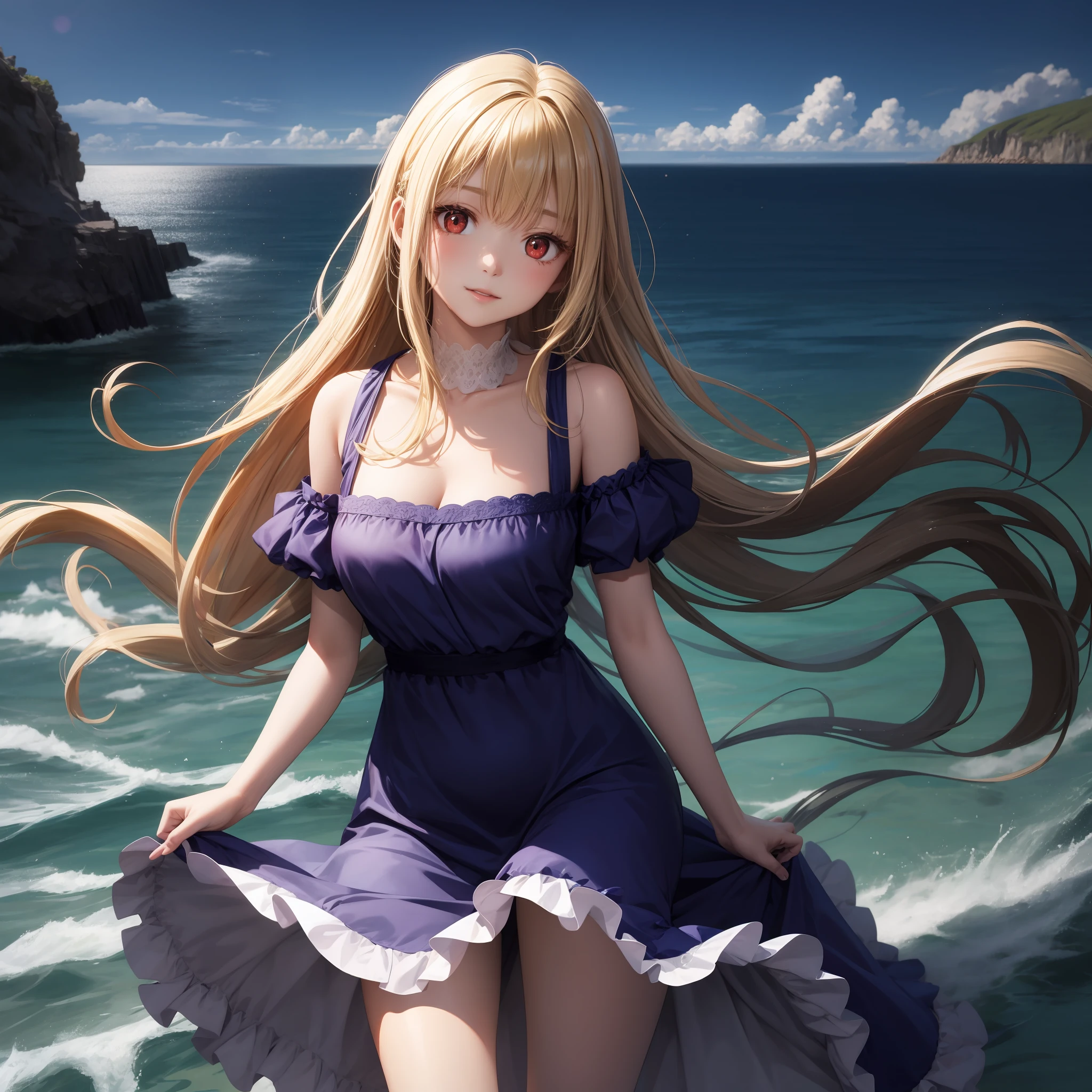 animated cartoon、One beautiful blonde girl、red eyes、Fluffy dresses、off shoulders、the ocean