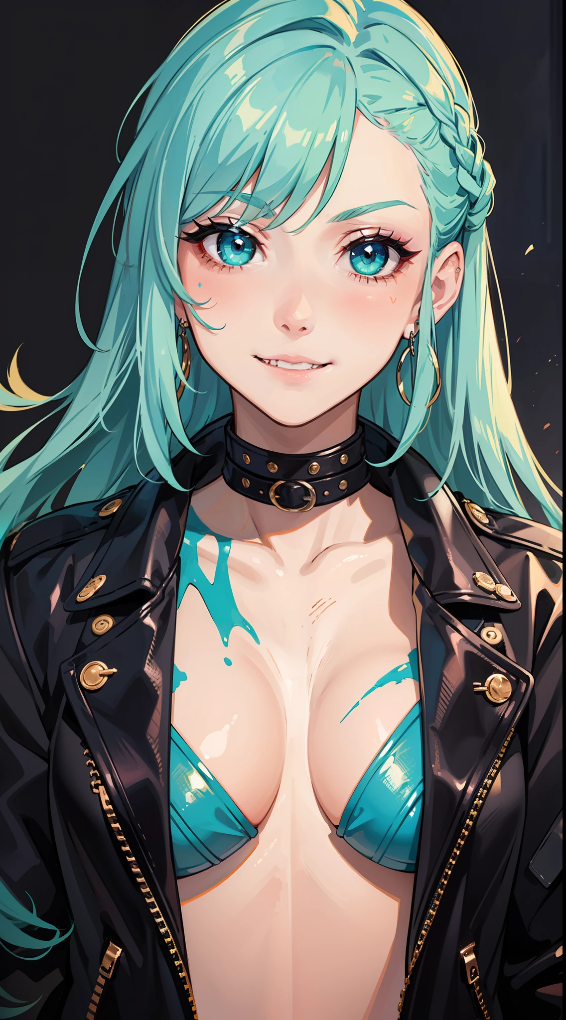 young girl, long turquoise hair, punk haircut, turquoise eyes, Scars, punk make-up, leather jacket, Burns, ripped clothes, madness, smirk, Masterpiece, highly quality