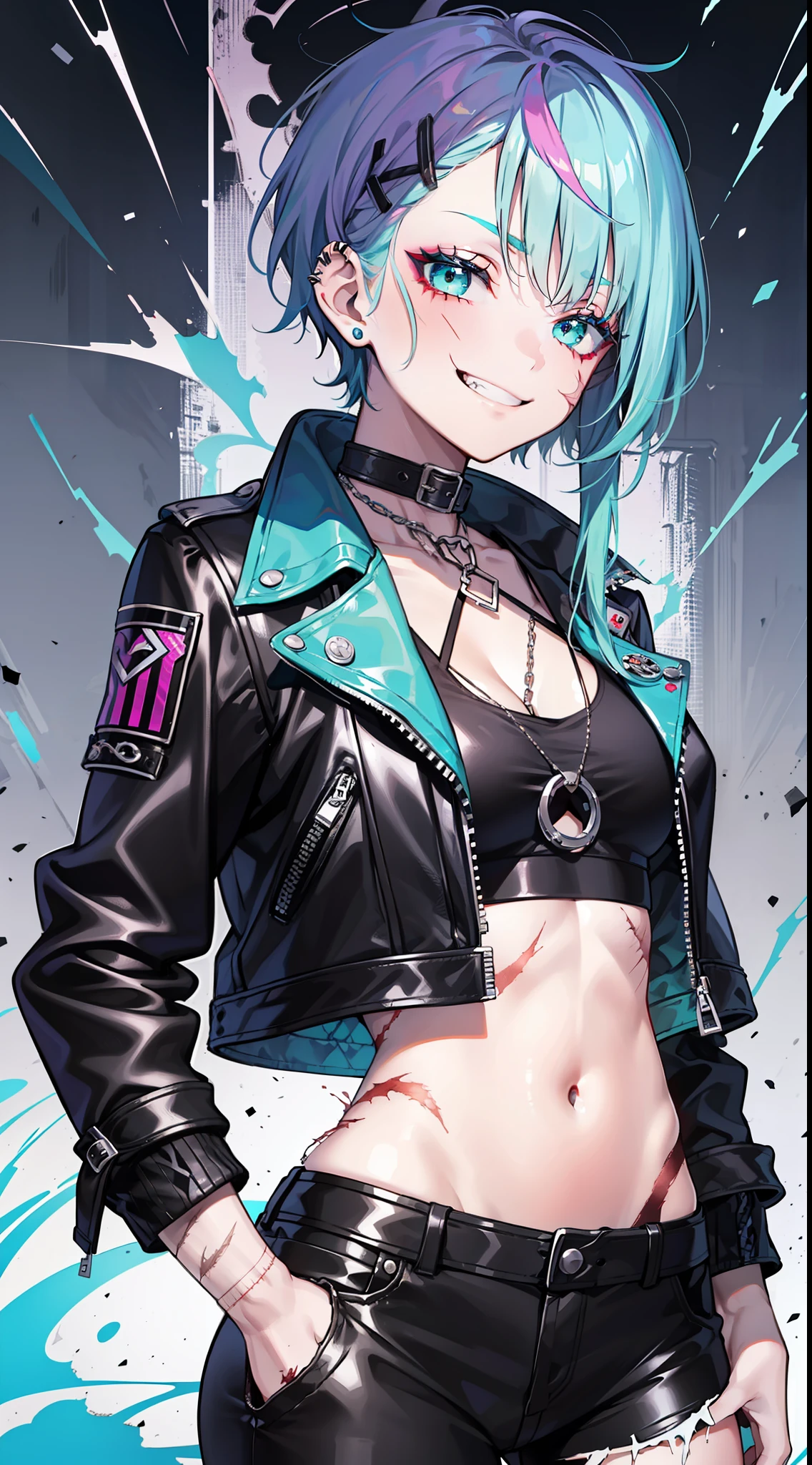 young girl, long turquoise hair, punk haircut, turquoise eyes, Scars, punk make-up, leather jacket, Burns, ripped clothes, madness, smirk, Masterpiece, highly quality