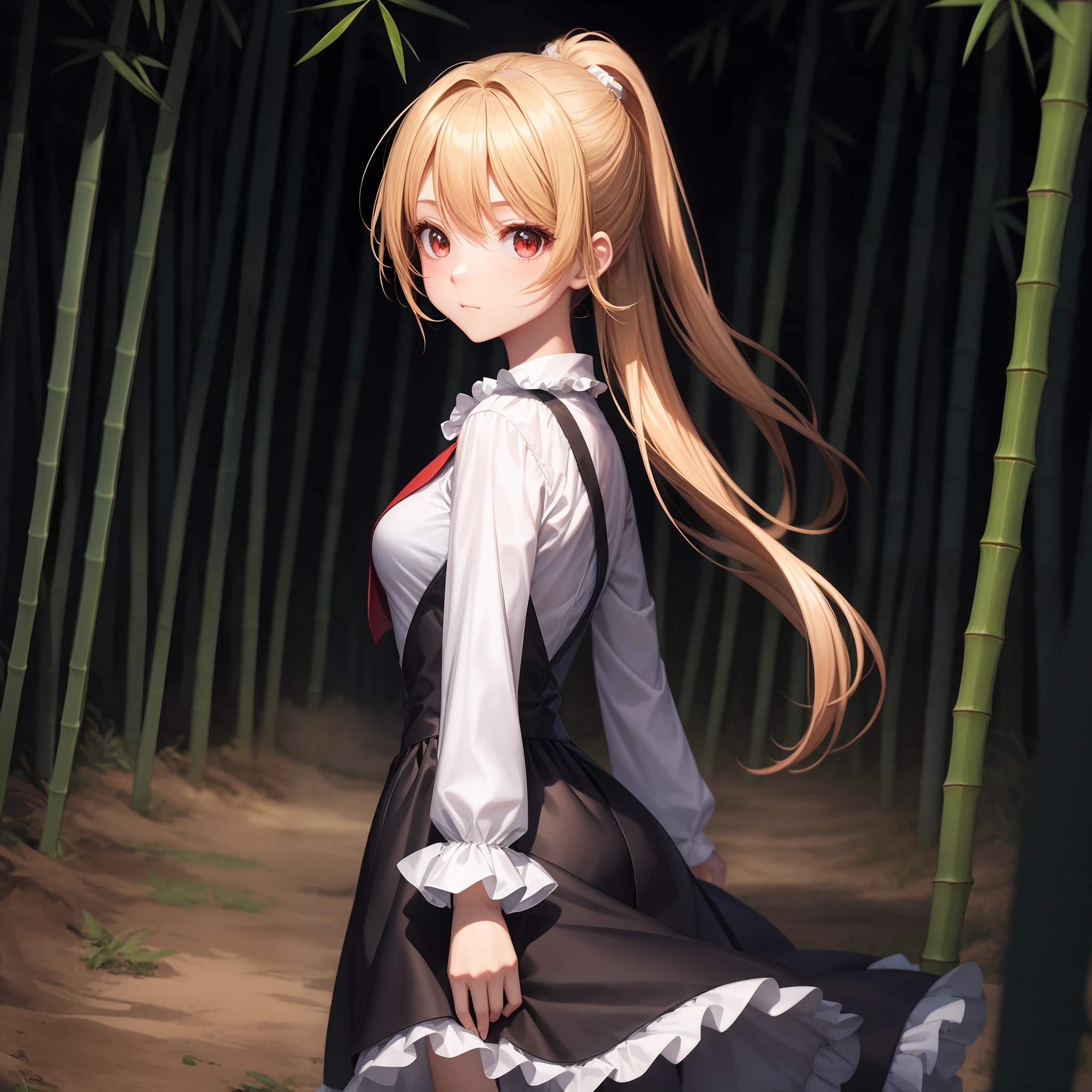 animated cartoon、One blonde girl with red eyes、Clothes with frills、bamboo grove