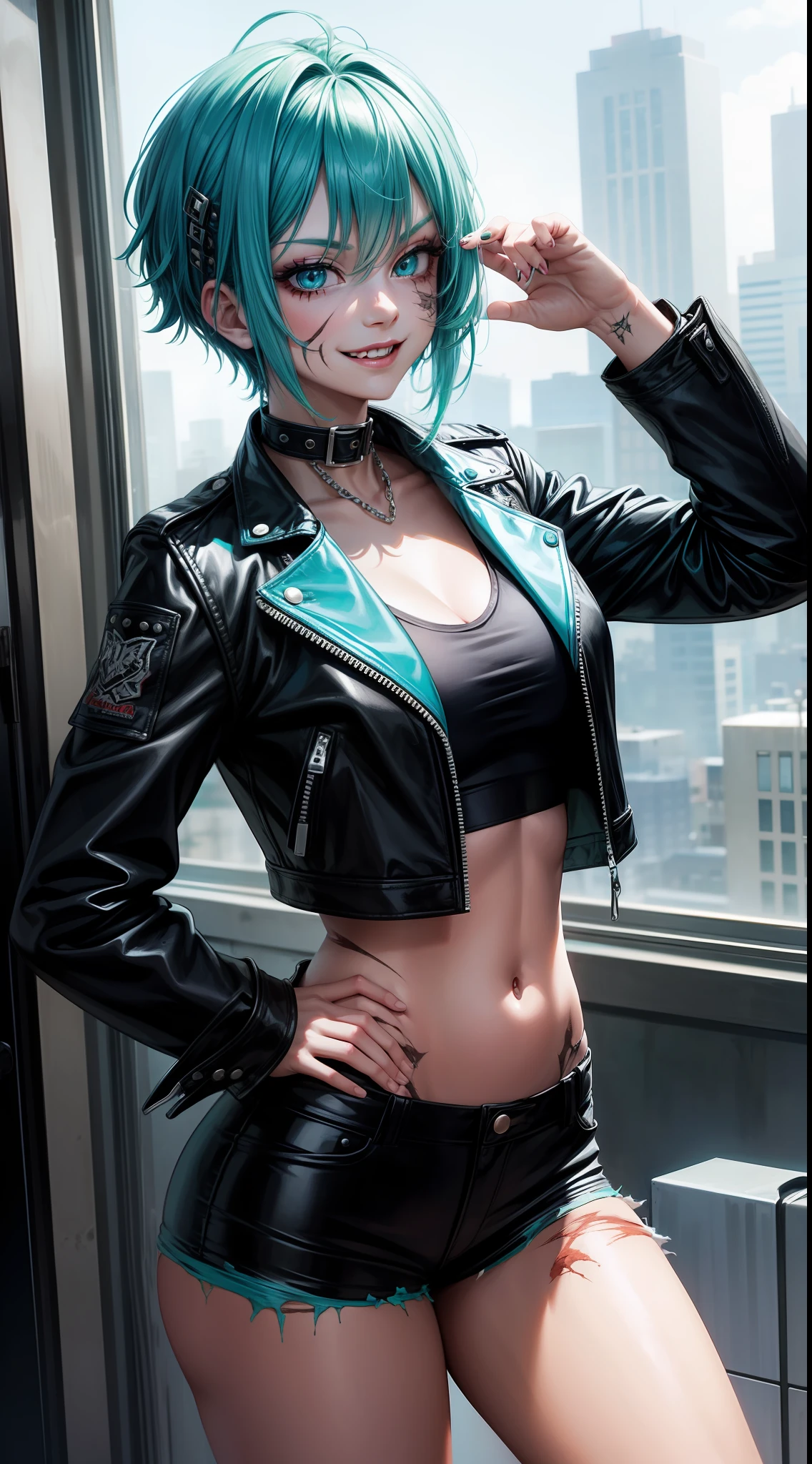 young girl, long turquoise hair, punk haircut, turquoise eyes, Scars, punk make-up, leather jacket, Burns, ripped clothes, madness, smirk, Masterpiece, highly quality