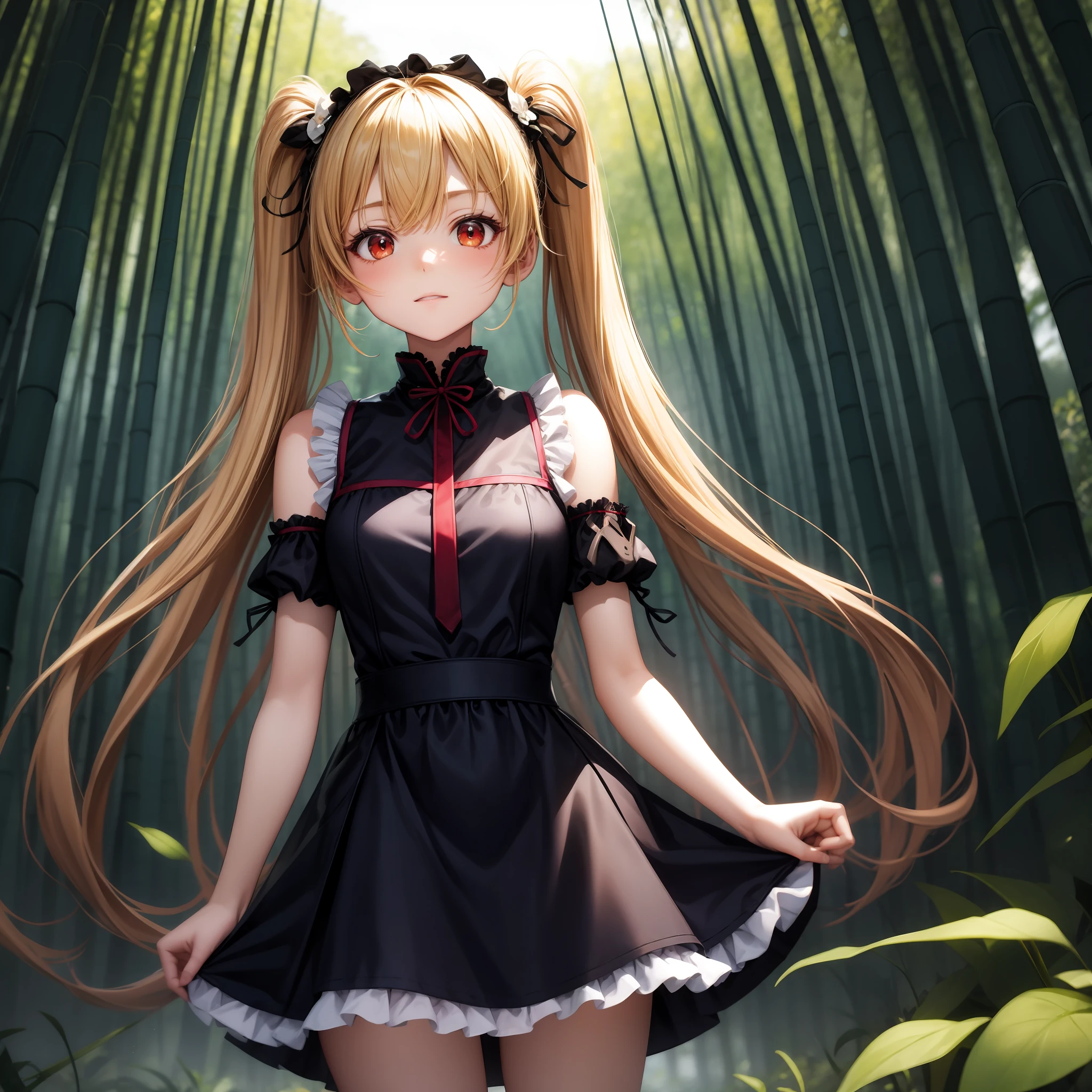 animated cartoon、One blonde girl with red eyes、Clothes with frills、bamboo grove