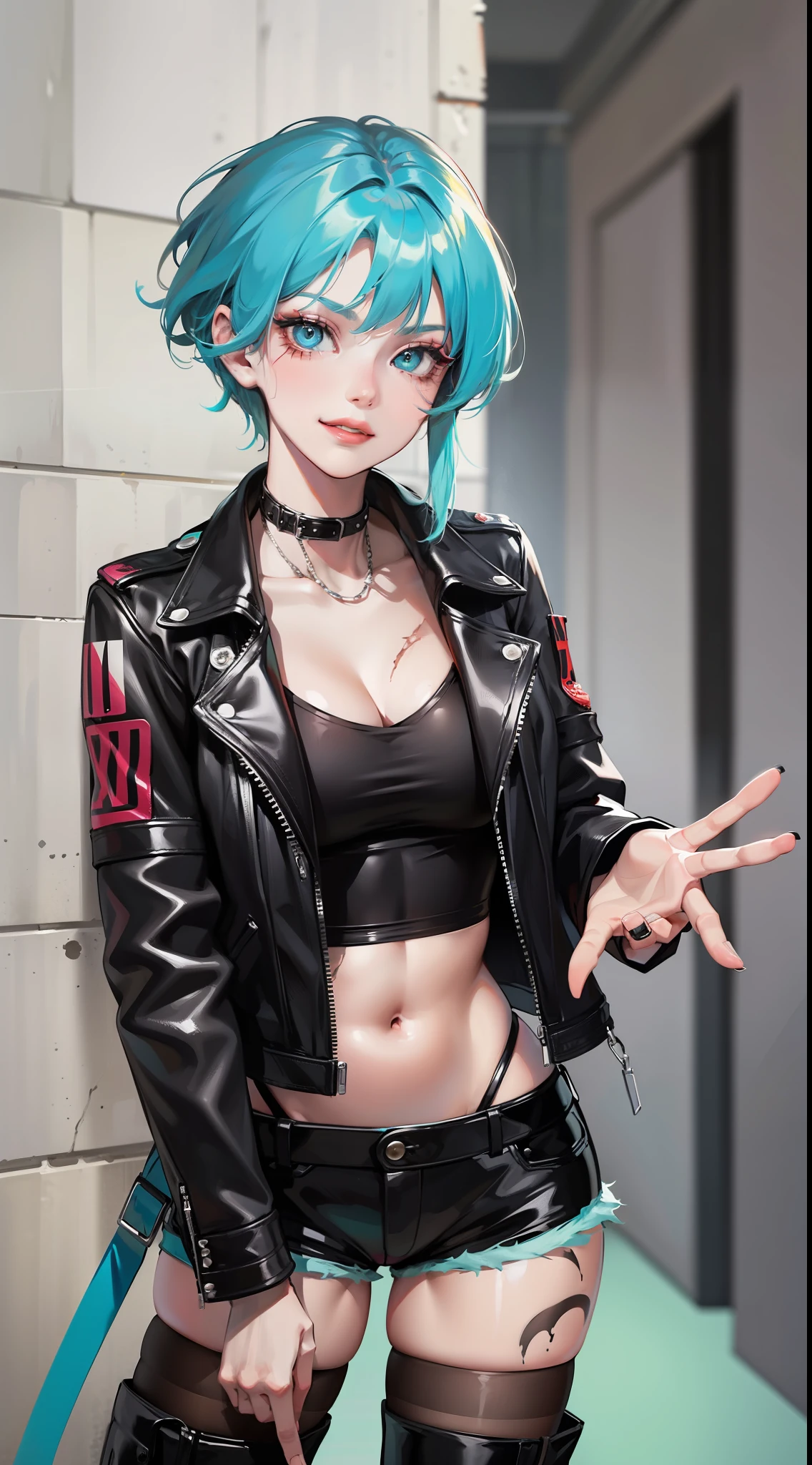 young girl, long turquoise hair, punk haircut, turquoise eyes, Scars, punk make-up, leather jacket, Burns, ripped clothes, madness, smirk, Masterpiece, highly quality