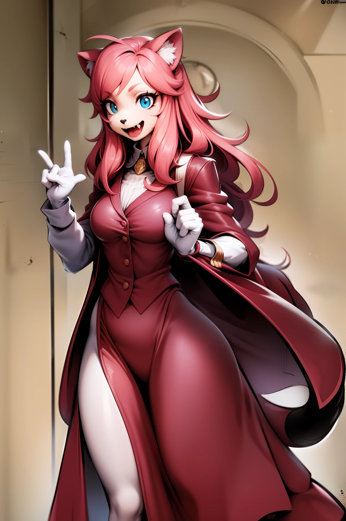 catgirl, furry, toon, cartoon, pink hair, walking,, lion tail, cat ears, animal nose, coat, vest, smile, long dress, long robe, long skirt, priestess, religiouse