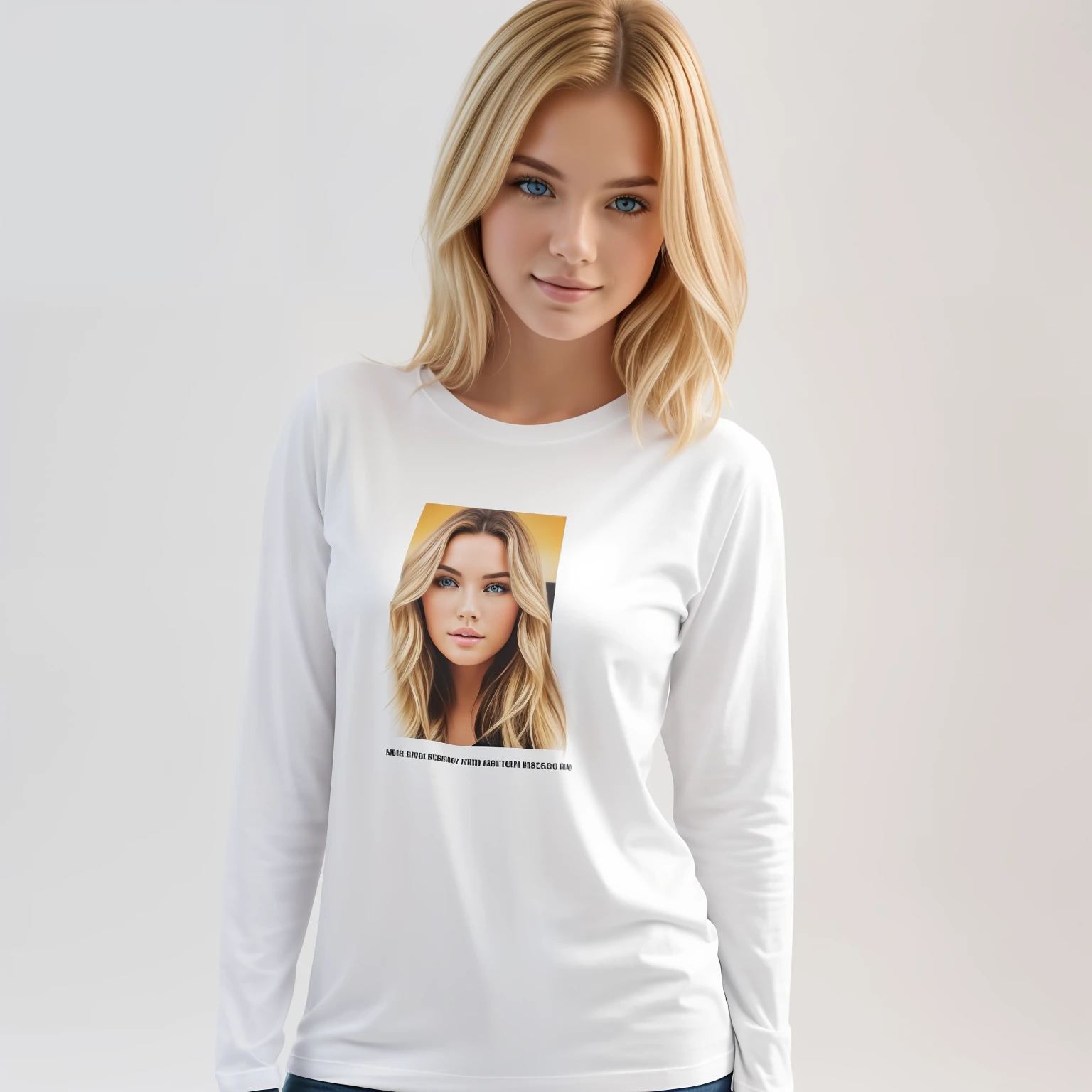 Photorealistic image in front view of a female model with blonde hair posing for a tshirt photoshoot. The model is wearing a knit tee, Long-Sleeve Tee white. the model is looking at the camera, Different poses, (((white background))), --no graphic --no text, centralized