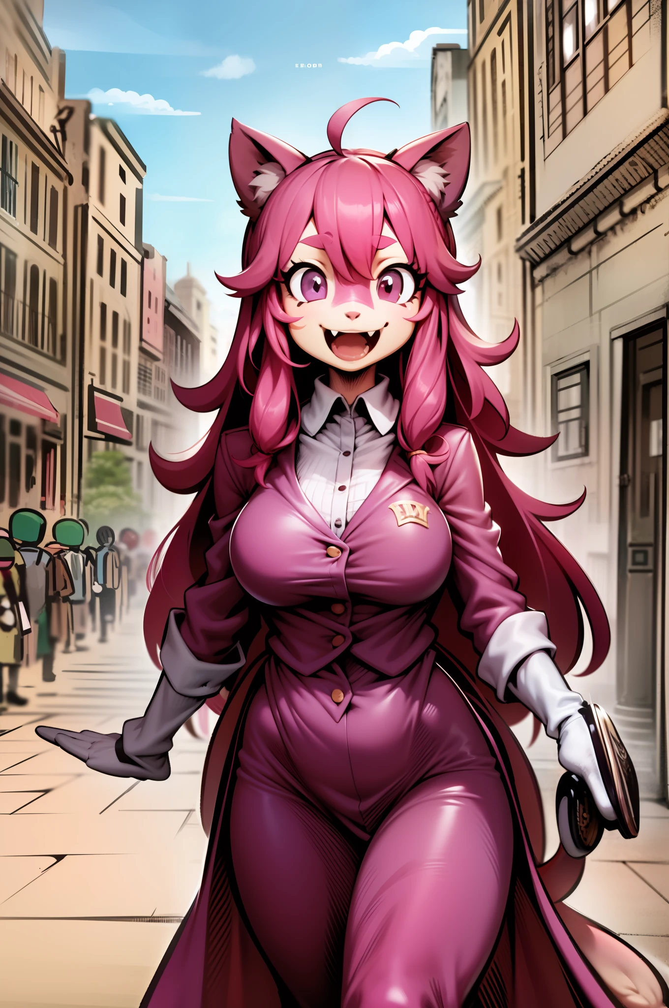 catgirl, furry, toon, cartoon, pink hair, walking,, lion tail, cat ears, animal nose, coat, vest, smile, long dress, long robe, long skirt, priestess, religiouse