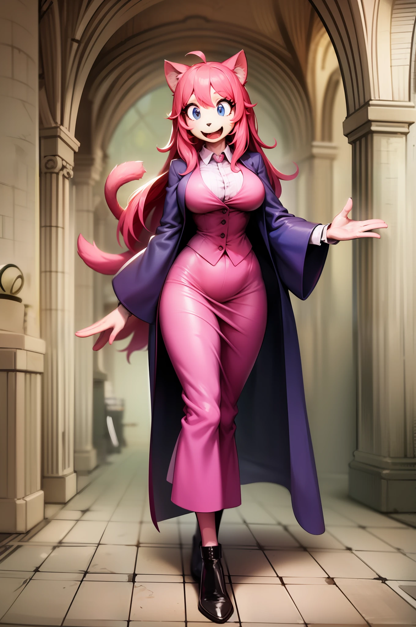 catgirl, furry, toon, cartoon, pink hair, walking,, lion tail, cat ears, animal nose, coat, vest, smile, long dress, long robe, long skirt, priestess, religiouse